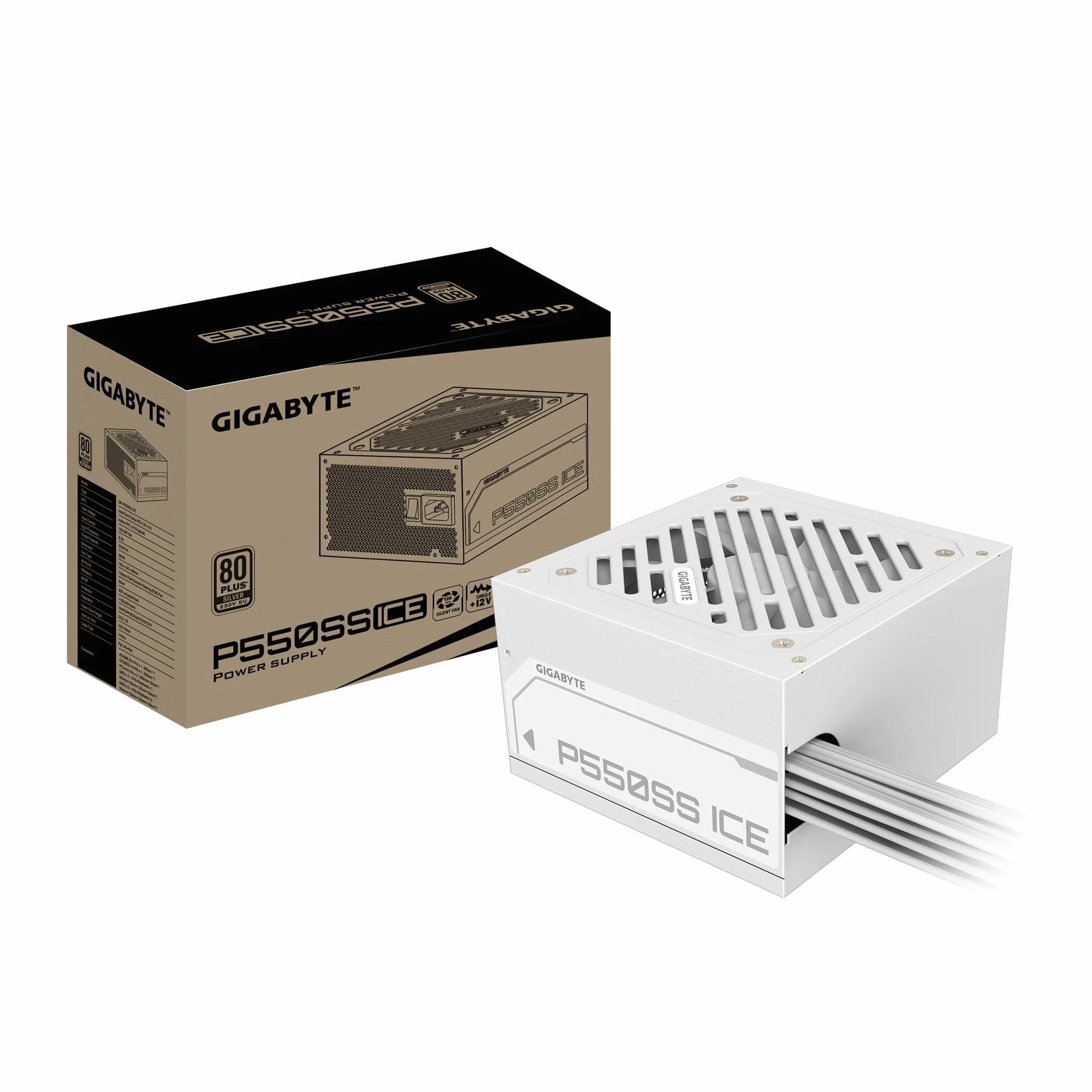 GIGABYTE P550SS ICE Zasilacz - PCIe 5.0, 80 PLUS Silver, w pełni modułowa konstrukcja, wentylator 120 mm, kompatybilny z ATX 3.0, wtyczka EU