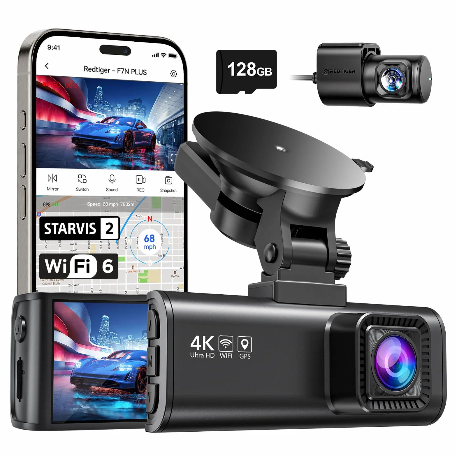 REDTIGER Dash Cam Przód samochodu Tył 4K / 2.5K z GPS WiFi Rejestrator deski rozdzielczej samochodu z ekranem IPS 3,18 ", nagrywanie w pętli noktowizyjnej 170 ° Szeroki kąt WDR, obsługa maks. 256 GB