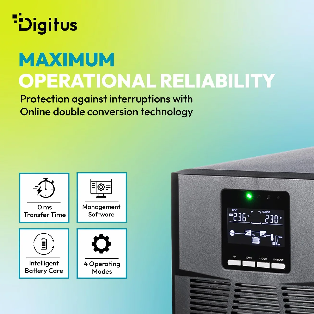 DIGITUS Zasilacz awaryjny – system UPS typu online – 1 kVA 1 kW – 4 gniazda IEC C13 – współczynnik mocy 1,0 – oprogramowanie UPS – porty RS232, RJ45 i USB – obudowa typu tower – czarny