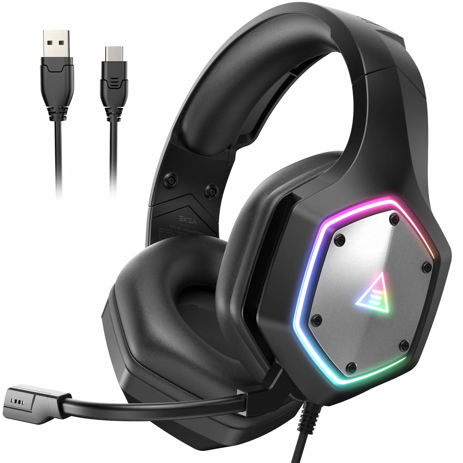 EKSA E1000V2 zestaw słuchawkowy gamingowy, interfejs USB typu C i USB-A, zestaw słuchawkowy z mikrofonem, dźwięk przestrzenny 7.1 i światło RGB, słuchawki gamingowe do PC/PS4/PS5/Mac