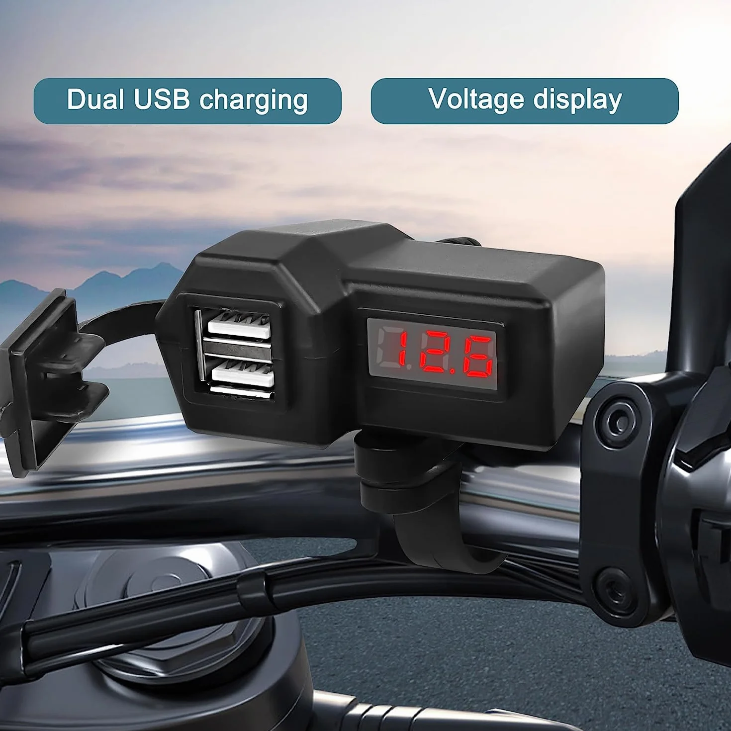 Ładowarka motocyklowa USB 5V 3.1A Podwójna z Voltmetrem LED Wodoodporny Uchwyt na Kierownicę 55cm