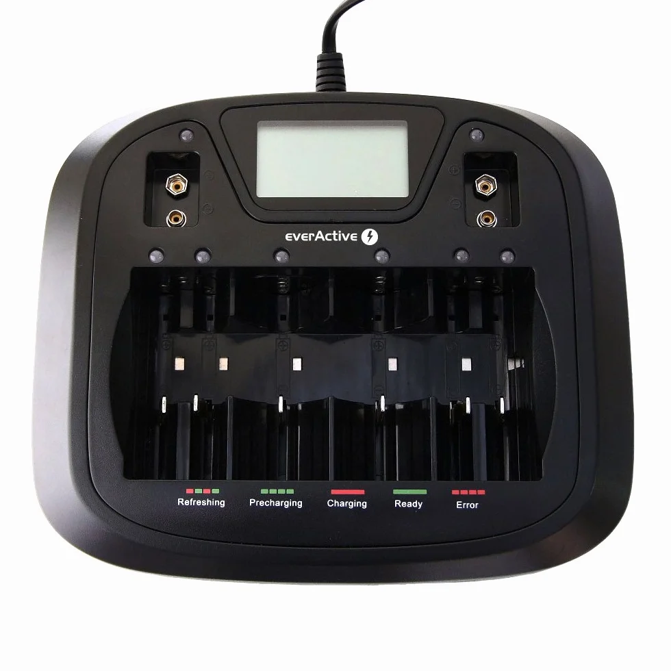 everActive Ładowarka do 8 akumulatorów AAA AA C D 9 V, uniwersalna i szybka, w pełni automatyczna, LCD ze wskaźnikiem poziomu baterii, model: NC-900U