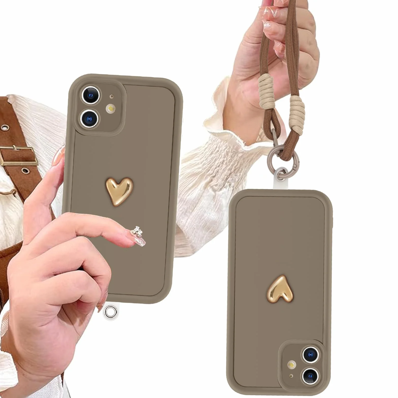 Kueqeay Etui ze smyczą do iPhone'a 11 6,1 cala, miękki silikon estetyczny wzór miłość 3D wzory, uniwersalny regulowany naszyjnik, odporny na wstrząsy futerał ochronny na aparat, brązowy