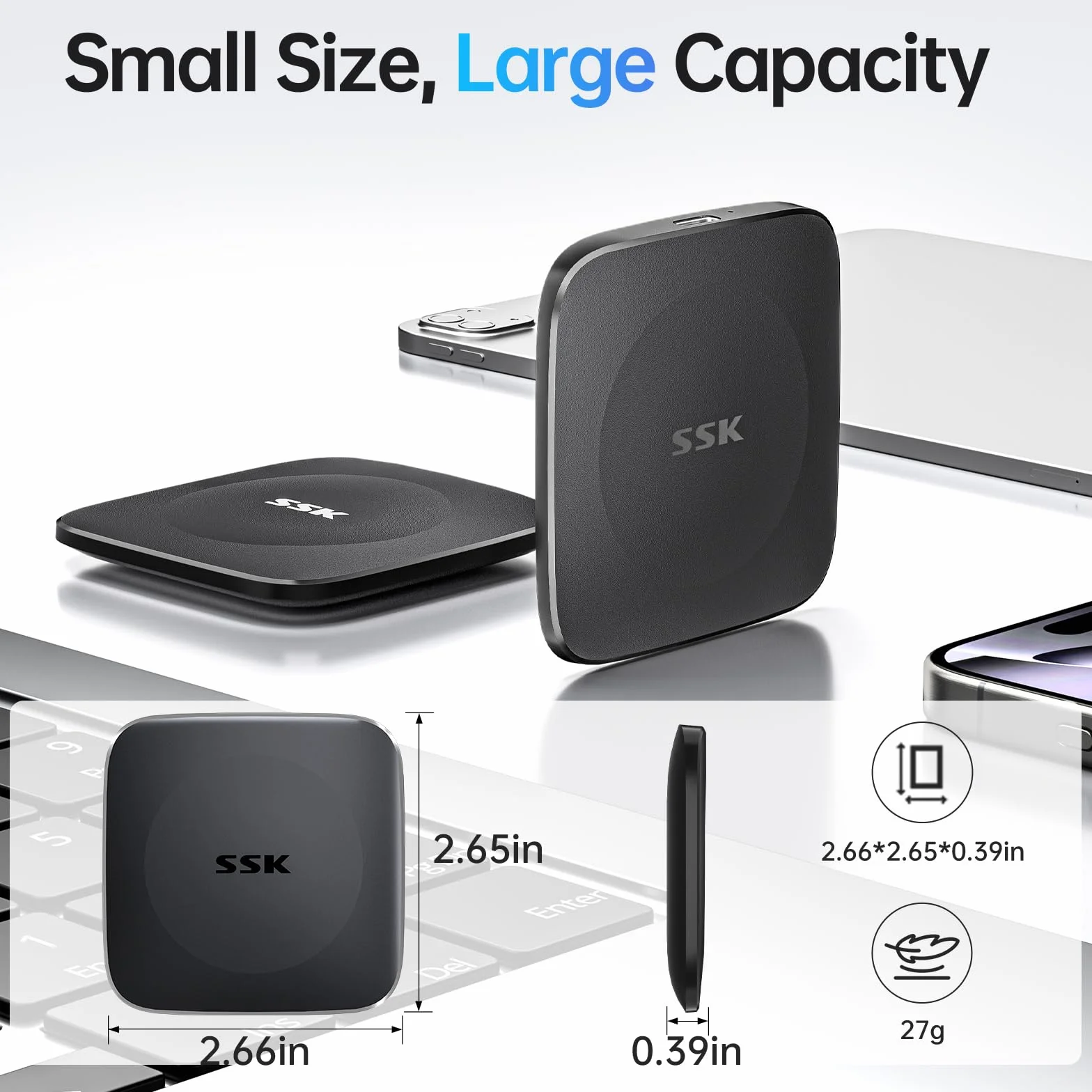SSK Zewnętrzny dysk twardy 2TB SSD, do 550 MB/s, przenośny SSD, z kablem USB-C, szybki do iPhone 15/Android/Windows/Tablet