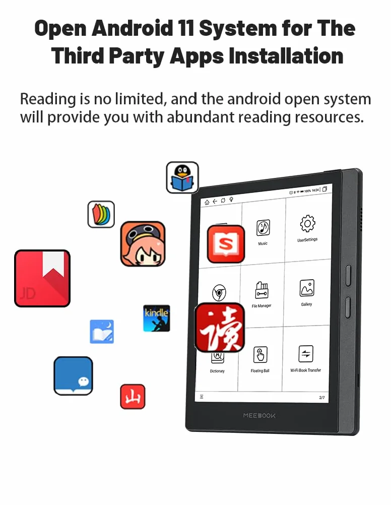 Meebook E-Reader M7 | 6.8' Eink Carta Screen | 300PPI Smart Light | Android 11 | Ouad Core Processor | Out Speaker | Support Google Play Store | 3GB+32GB Storage | Micro-SD slot | Gray