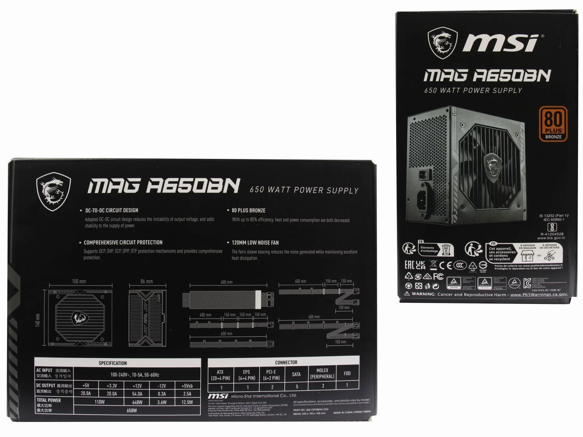 MSI 4526541038785 oryginalny Komputer stacjonarny serwera 650 Watt MAG A650BN | dla MAG Codex 5 12SC (MS-B930), 12TH (MS-B930), 6 13 13NUC5 (MS-B914), Infinite S3 14NUF5, 14NVP5