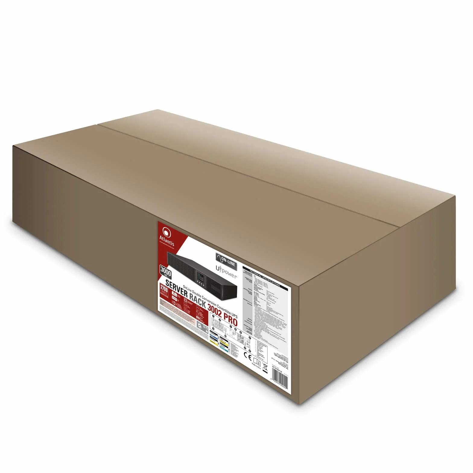 Atlantis A03-OP3002P-RC PRO UPS OnLine Zasilacz bezprzerwowy Podwójnej konwersji Czysta fala sinusoidalna 3000VA 2700W, serwer RACK, wyświetlacz LCD, USB, szeregowy RS-232, 8 wyjść IEC, gniazda SNMP, 6x12V-9Ah