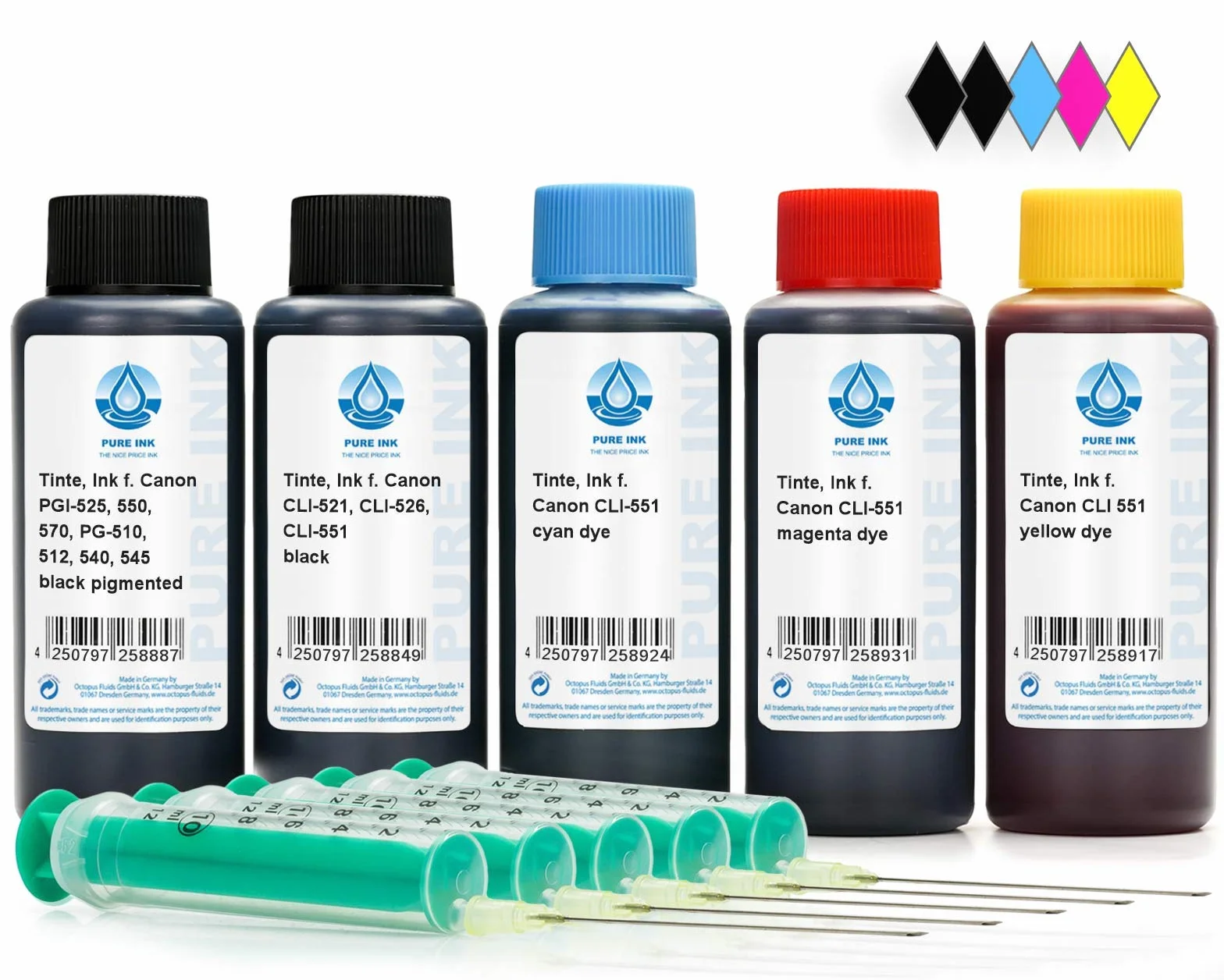 Octopus Wkłady atramentowe 500 ml, tusz do drukarki kompatybilny z wkładami Canon PGI-550, CLI-551, do serii Pixma IP 7200, IP 7250, IP 8700, IP 8750, seria IX 6800, IX 6850