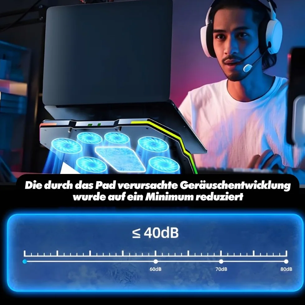 EXG D13 podkładka chłodząca do laptopa – podkładka chłodząca do notebooka z 6 wentylatorami, oświetlenie RGB, 8-stopniowe nachylenie, zasilanie przez USB lub zasilacz, ciche chłodzenie do laptopów 13