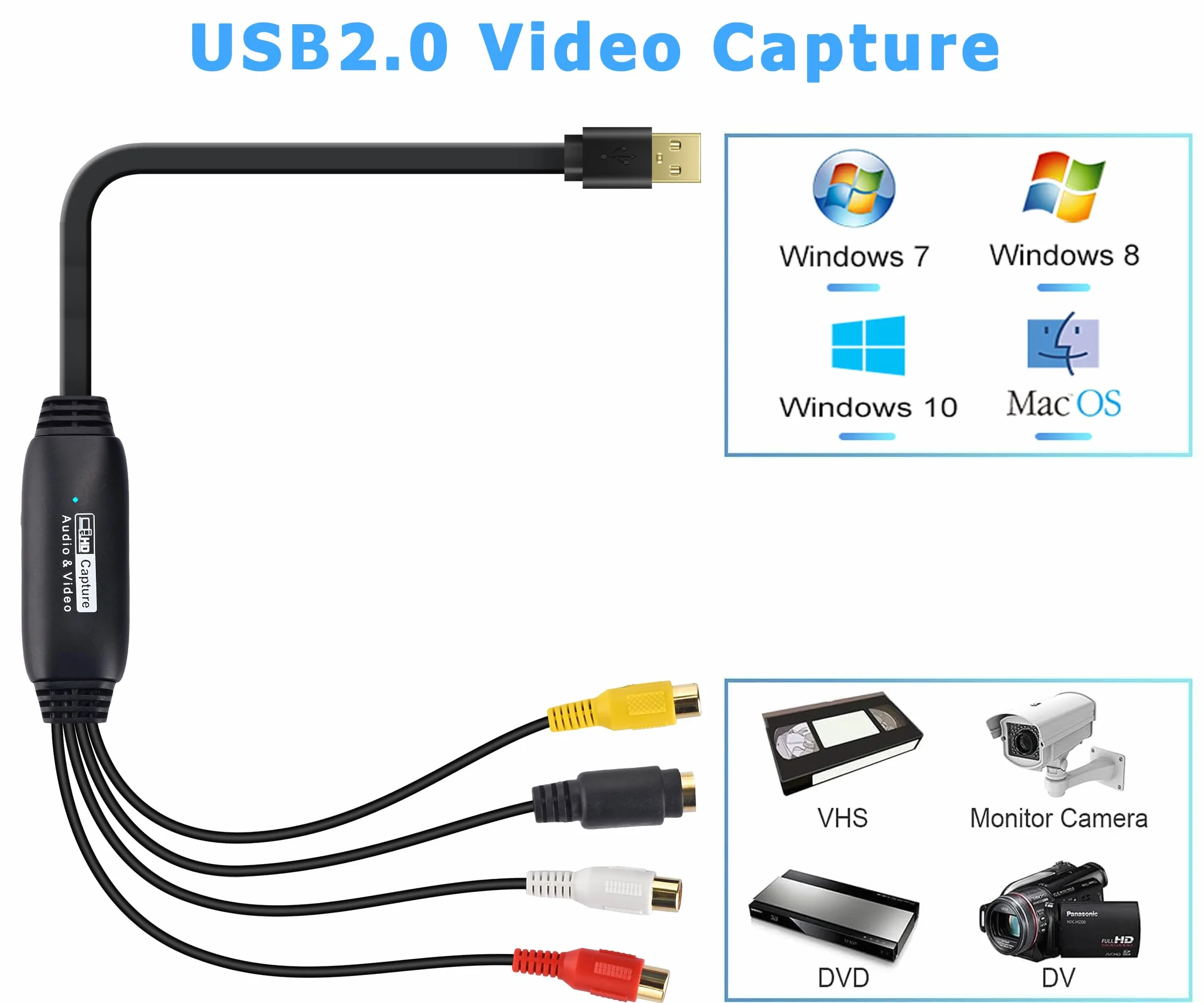 Konwerter VHS na cyfrowy, karta przechwytywania wideo USB 2.0 karta przechwytywania audio wideo urządzenie stare VHS Mini DV Hi8 DVD VCR na cyfrowy konwerter dla komputerów Mac, obsługa komputera