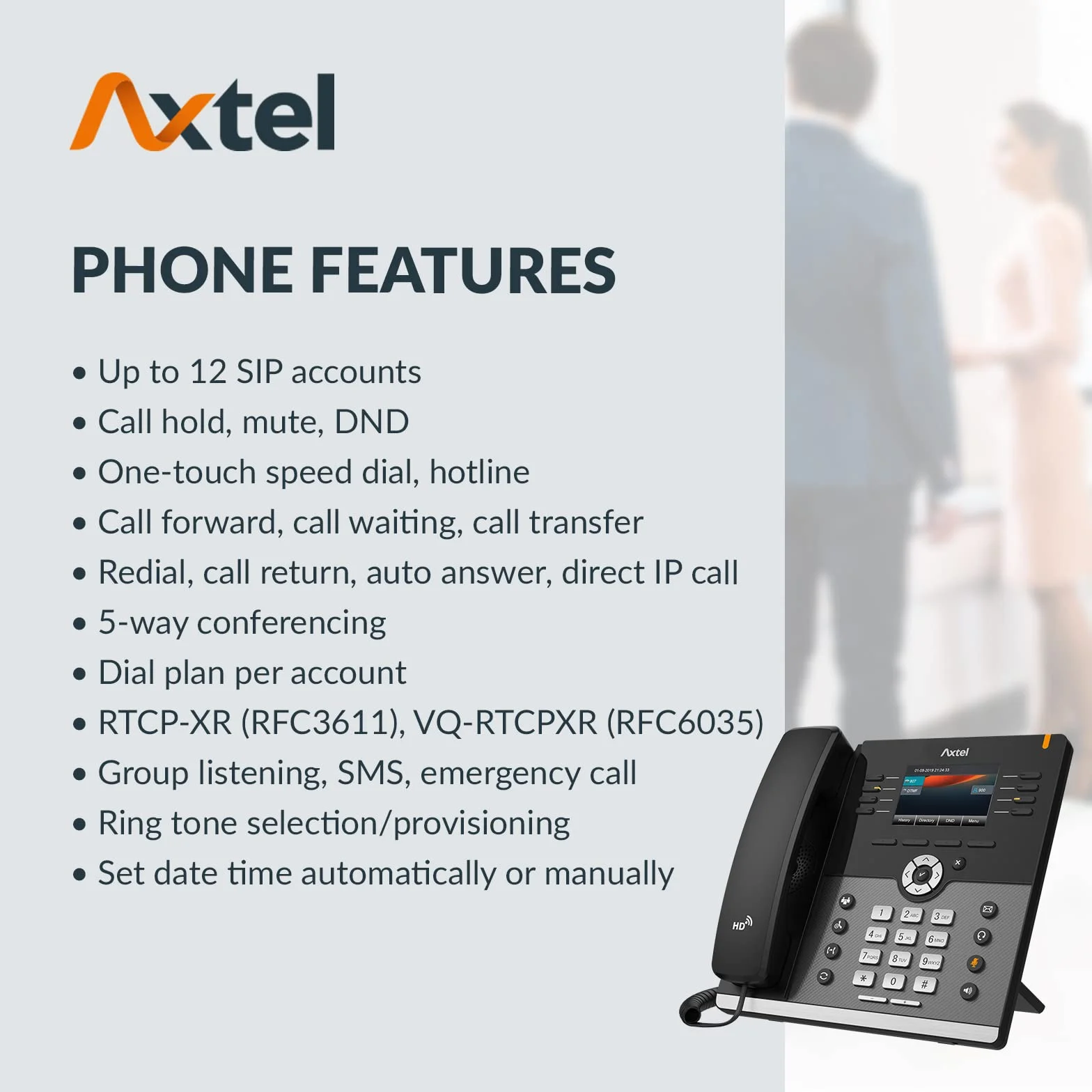 HEADSETS, IP-Telefon AX-500W, Enterprise HD, WiFi/Bluetooth IP Phone, Bis zu 12 SIP-Konten, 5-Wege-Konferenzen, Voicemail, Paging, 5’’ 480×320 Farbdisplay mit, Kundenservice