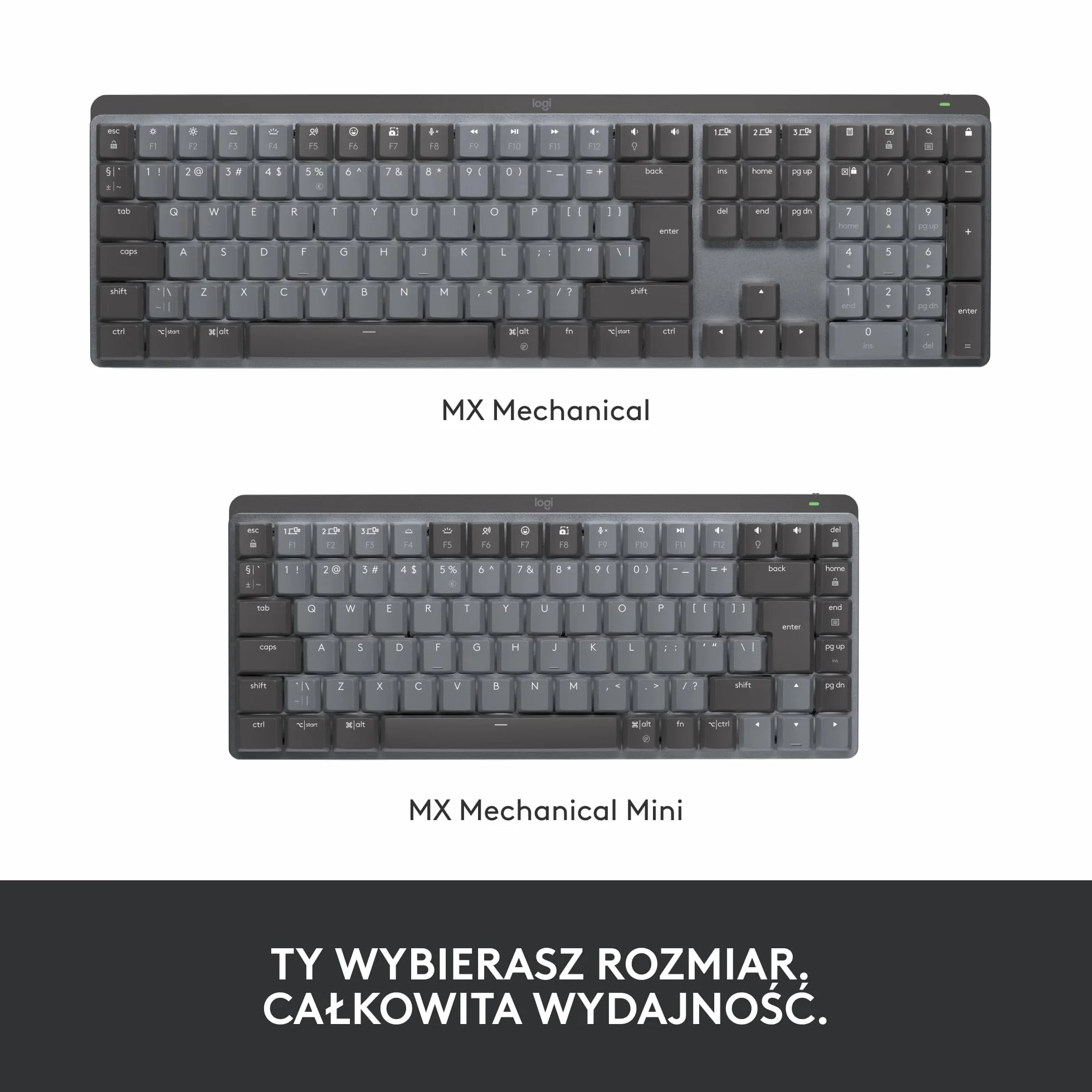Logitech MX Mechanical Bezprzewodowa Klawiatura Mini podświetlana klawisze Tactile Quiet, Bluetooth, USB-C, macOS, Windows, Linux, iOS, Android, Metal, QWERTY układ US international - Szary