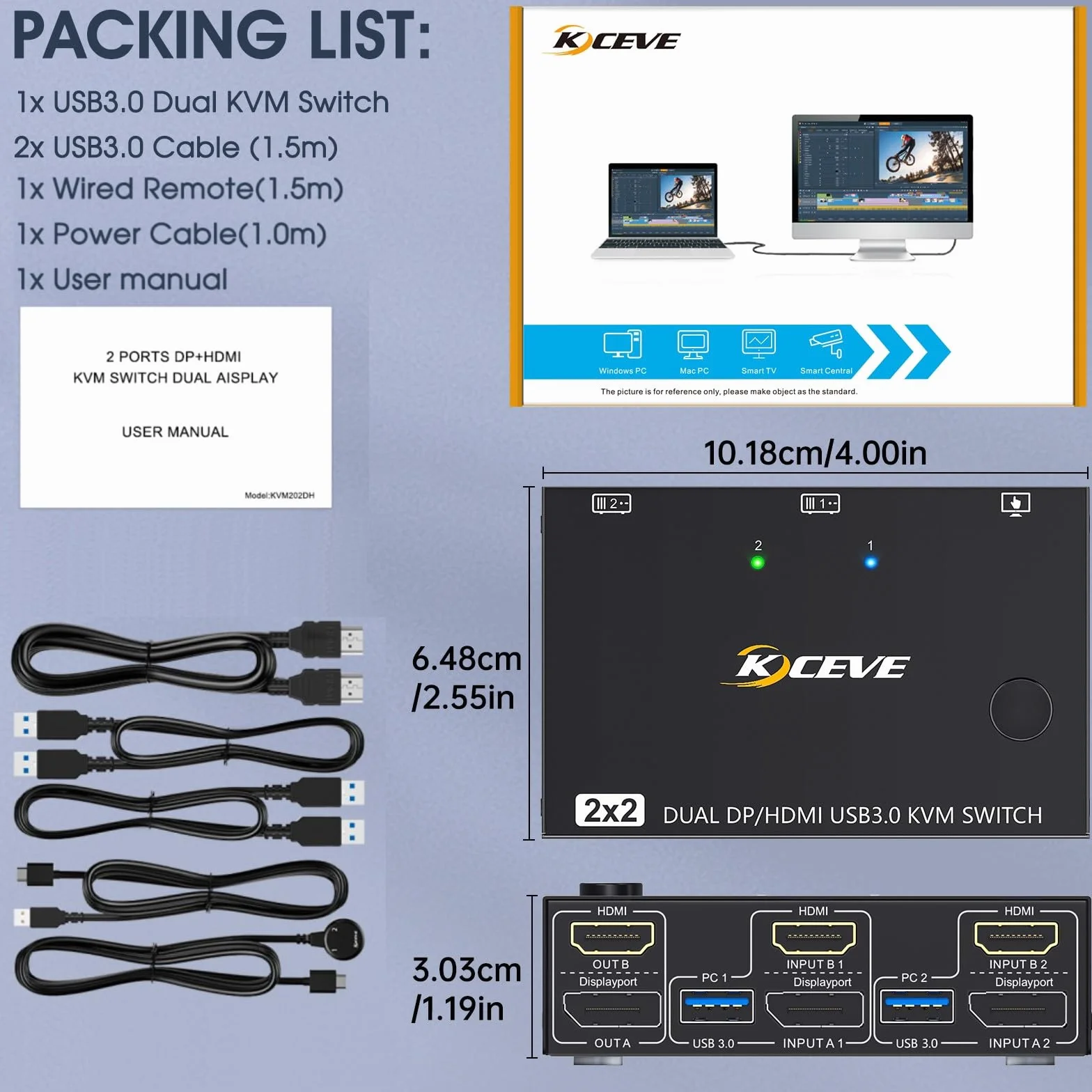 Displayport + HDMI Przełącznik KVM 2 Komputery 2 Monitory 4K@60Hz, MLEEDA Dual Monitor KVM Switch 2 Computers Dzielenia 2 Monitors i 4 Porty USB 3.0, z Kabel Zasilania, Przewodowy Pilot i 2 Kable USB