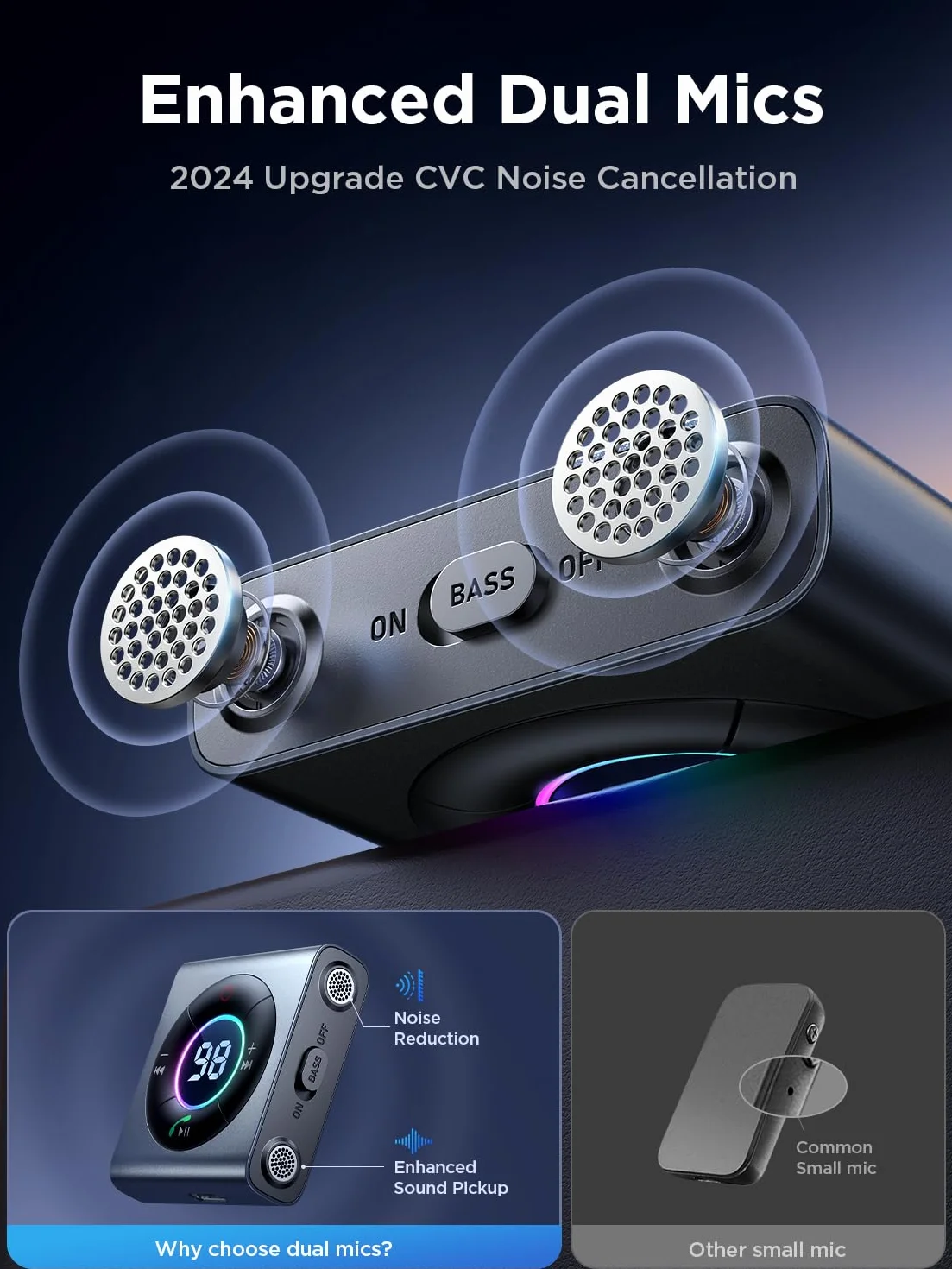 JOYROOM 2025 adapter do samochoduBluetooth Bass & Hi-Fi Stereo Adapter AUX do muzyki, odbiornik Bluetooth, podwójny mikrofon, rozmowy głośnomówiące, słuchawek i głośników, 26