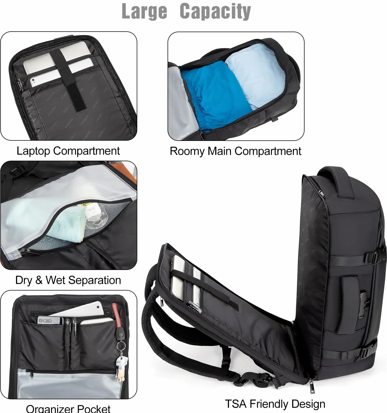 Tzowla 40L Plecak Podróżny na Laptopa dla Mężczyzn i Kobiet Podręczny Lot Zatwierdzony,Plecak Wodoodporny Antykradzieżowy z Portem USB,Biznesowy Codzienny Plecak na Komputer 17,3 Cala-Czarny