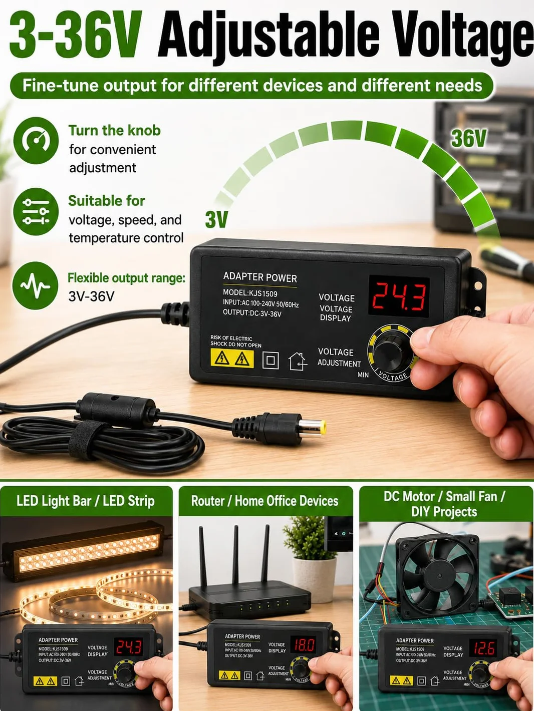 VOBOR Uniwersalny zasilacz AC 100-240 V, 3-36 V, regulowany, 1,7 A wyjście antyzakłócające do monitora LCD, listwy świetlnej LED, silnika