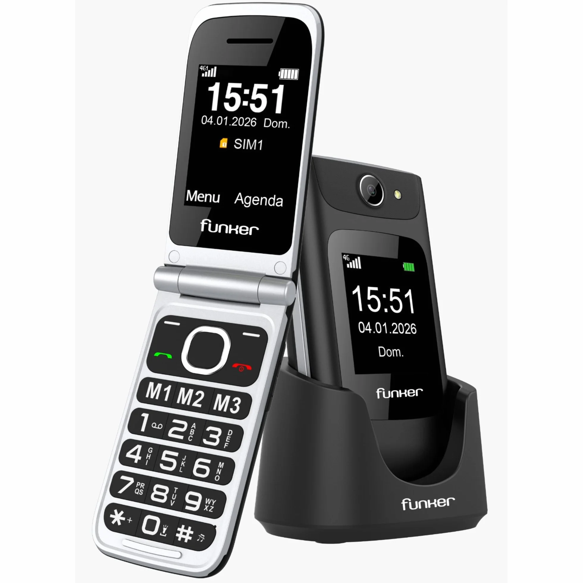 Funker C250 Comfort Power 4G - telefon komórkowy z klapką dla seniorów, stacja ładująca, klawiatura o wysokim kontraście, przycisk SOS, łatwy w użyciu, 3 bezpośrednie wspomnienia, bateria 1450 mAh