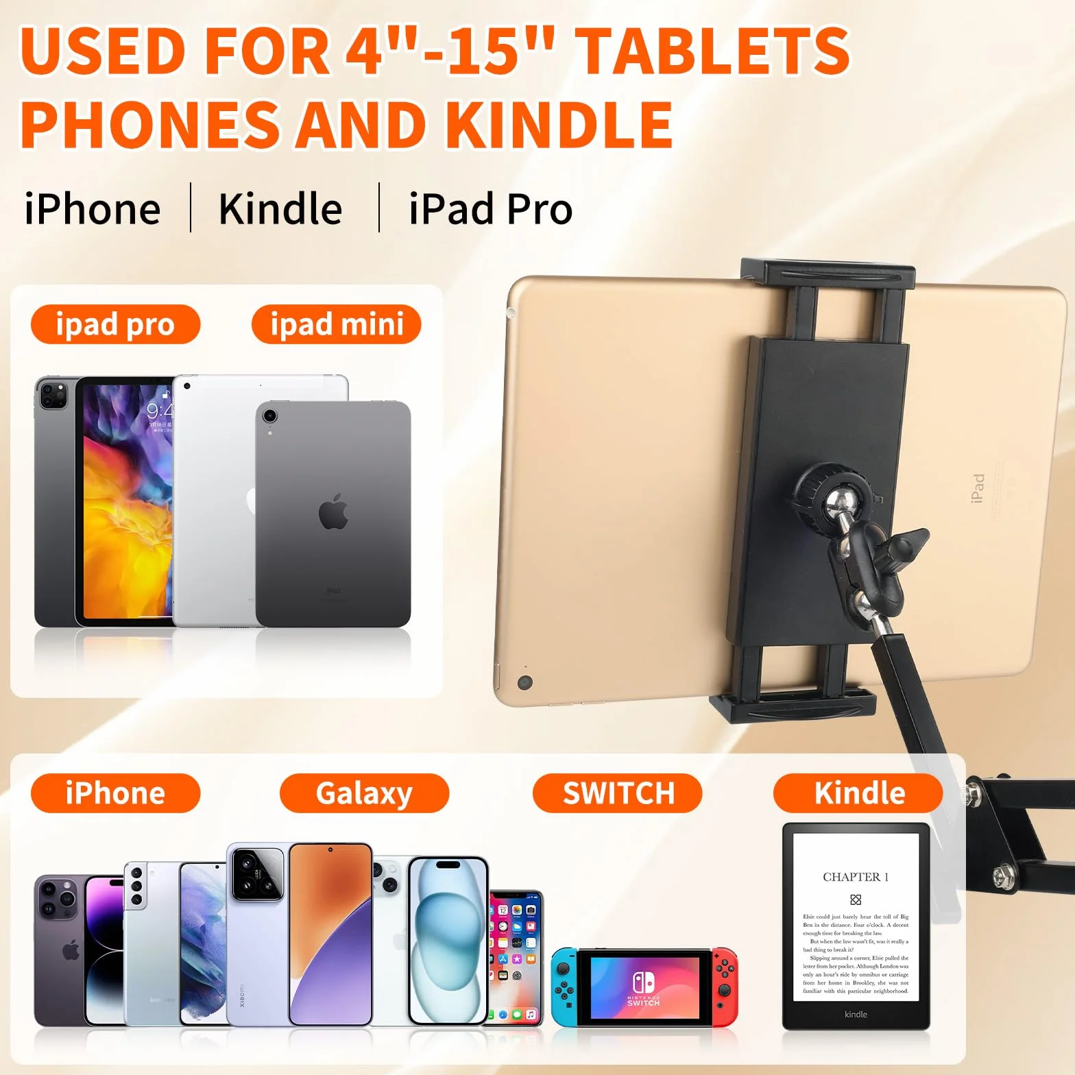 Uchwyt na tablet bez użycia rąk, na łóżko i sofę, z regulowanym długim ramieniem, składany, metalowy stojak na Kindle, tablet, iPad i telefon komórkowy, ukryty design, brak uszkodzeń mebli