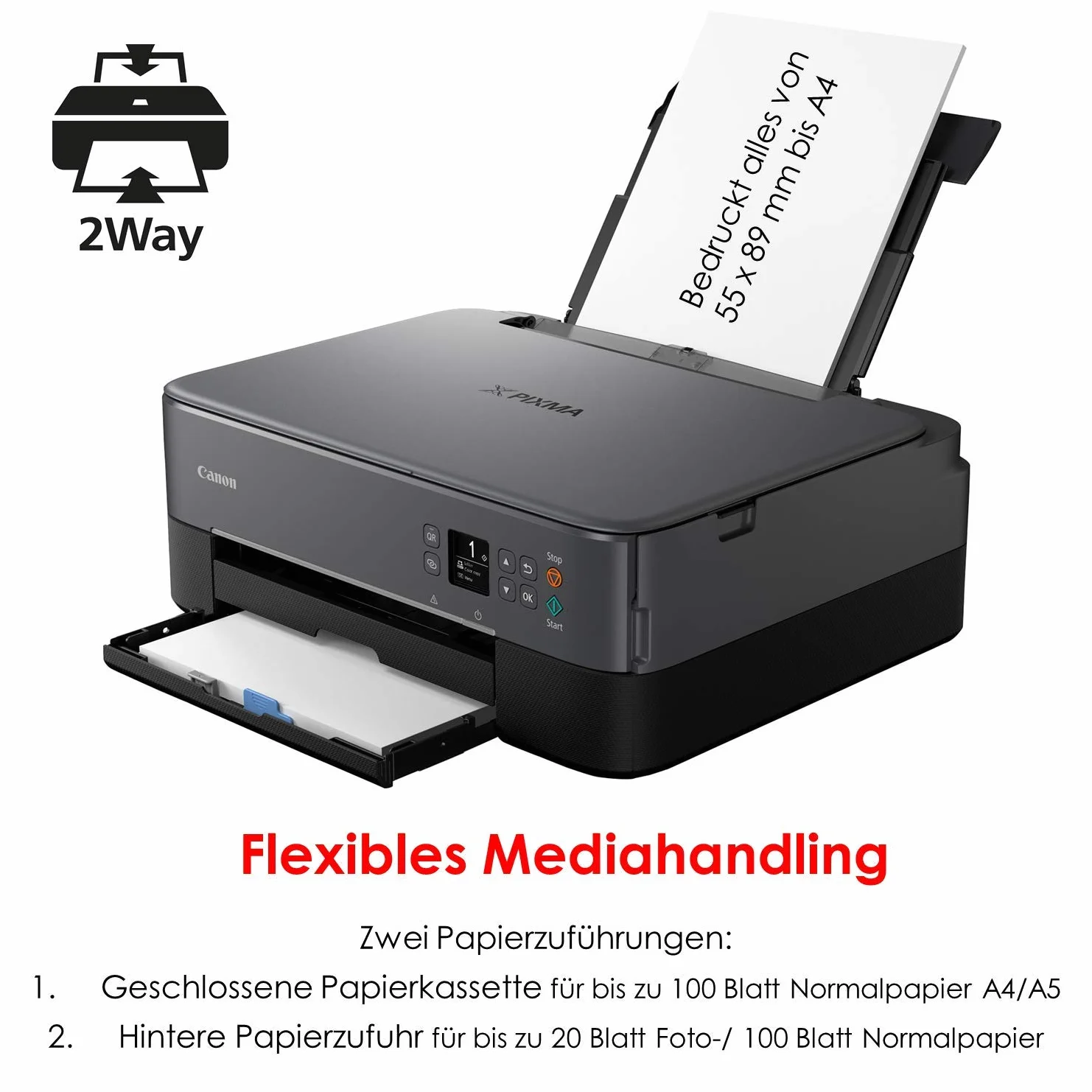 Canon PIXMA TS5350 kolorowa drukarka atramentowa, urządzenie wielofunkcyjne DIN A4 (skaner, kopiarka, OLED, 4800 x 1200 dpi, USB, Wi-Fi, druk dwustronny, 2 podajniki papieru), czarna