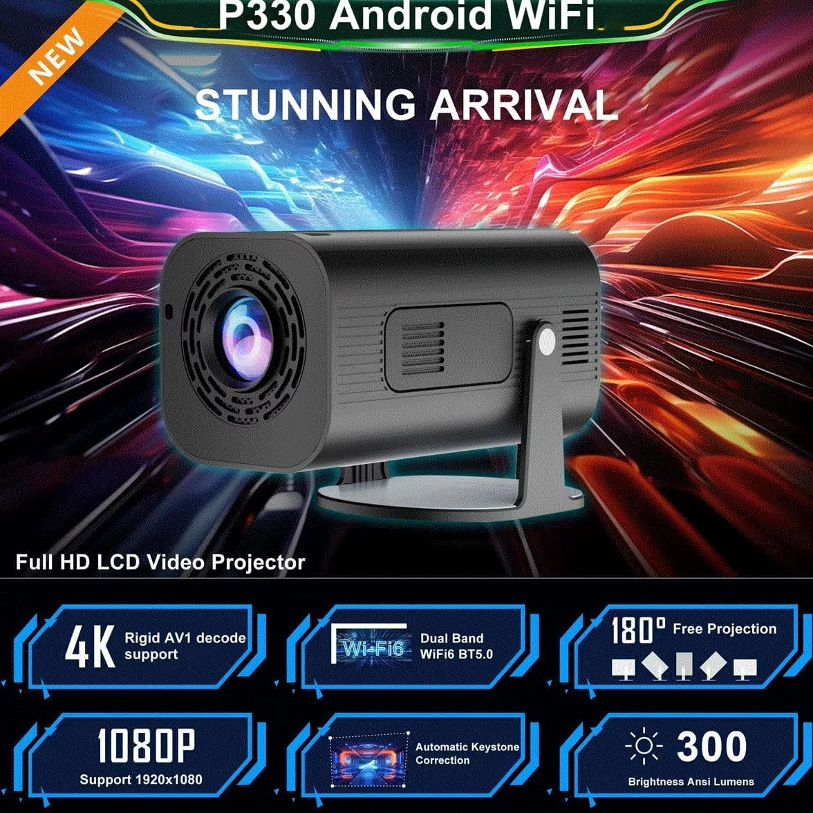 Mini projektor Android 11, 280 ANSI 4K, 8K, 1080P, WiFi, 6 BT5.0, przenośny projektor kina domowego z systemem Android/iOS (czarny)