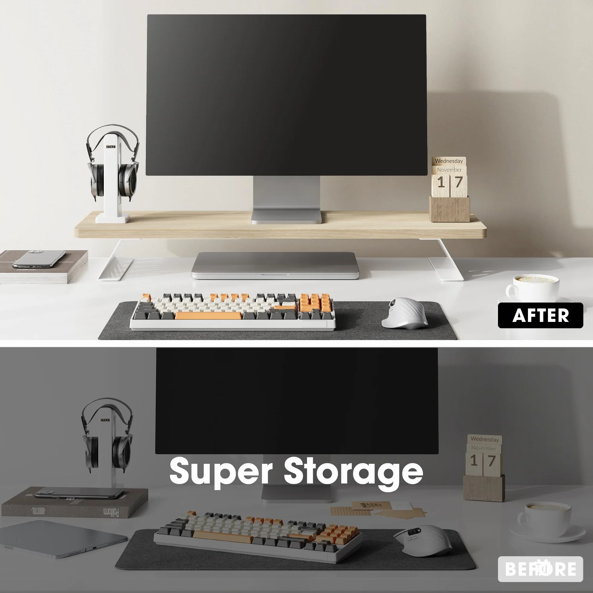 Fenge Podstawka pod monitor na biurko, duży stojak na monitor komputerowy, stojak na 2 monitory, drewniany organizer na biurko, stojak na PC, laptop, drukarkę, ekran telewizora (dąb, 80 cm)