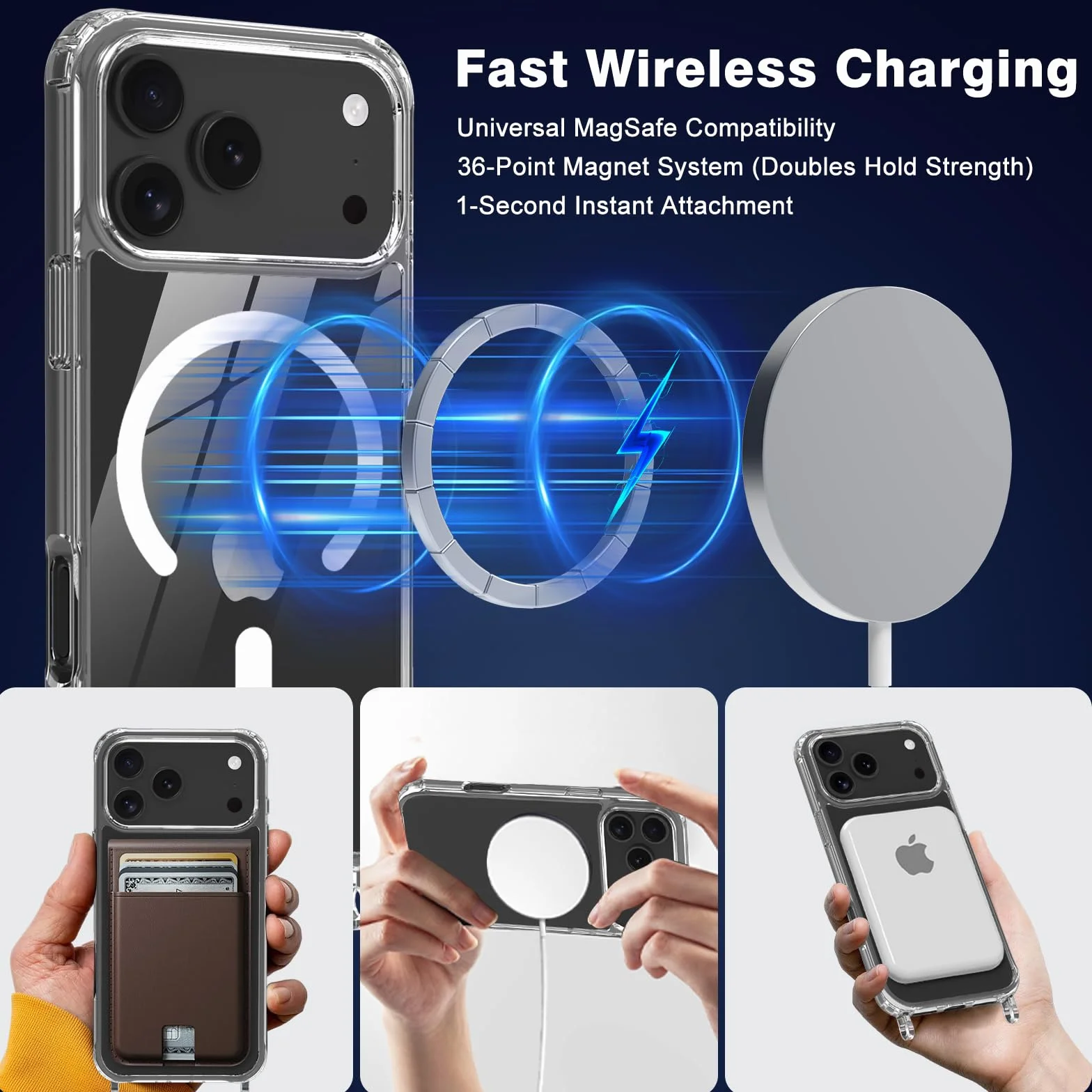 Nupcknn Etui na iPhone 17 Pro Magnetische z Paskiem, 2 Ochraniacze Ekranu, 2 Ochraniacze obiektywu aparatu, przezroczysty magnetyczny wisiorek, odpinany i regulowany pasek, ochrona przed wstrząsami.