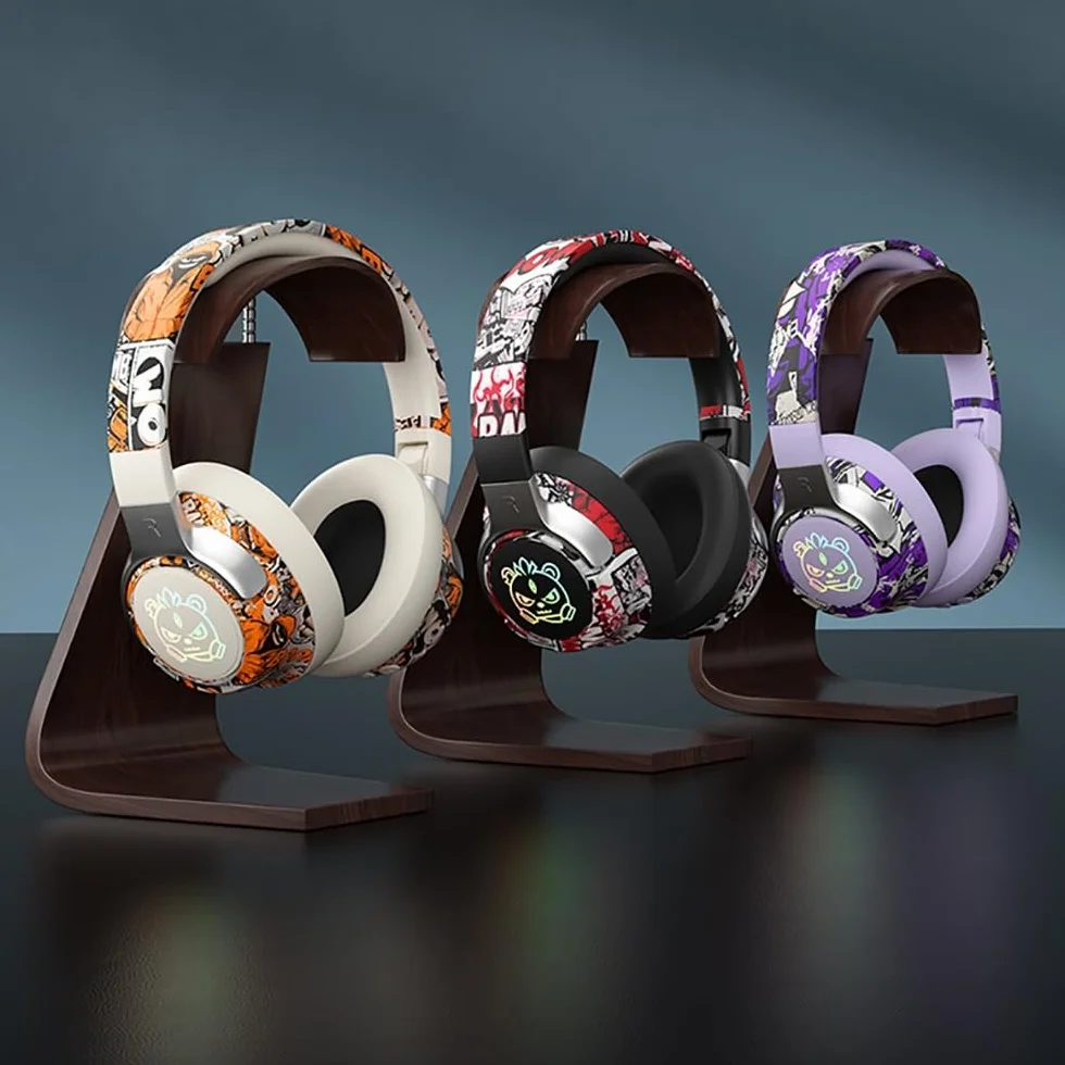 DYRBF Zestaw słuchawkowy do gier Bluetooth 5.3, oświetlenie RGB, niskie opóźnienie, aktywna redukcja szumów, wbudowany mikrofon do komputera, laptopa, gracza, biały, czarny, fioletowy