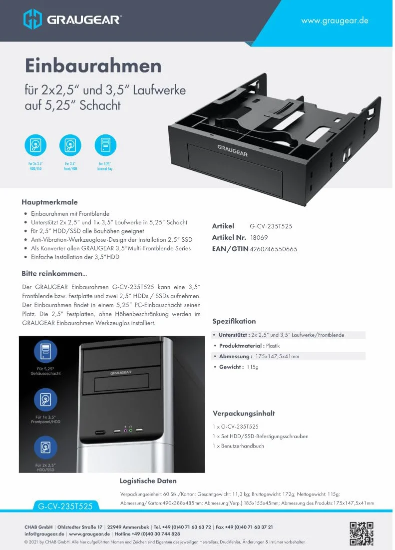 GRAUGEAR | ramka montażowa do 2 x 2,5 cala HDD/SSD i 1 x 3,5-calowych dysków HDD na 5,25 cala | osłona przednia 5,25" | G-CV-235T525