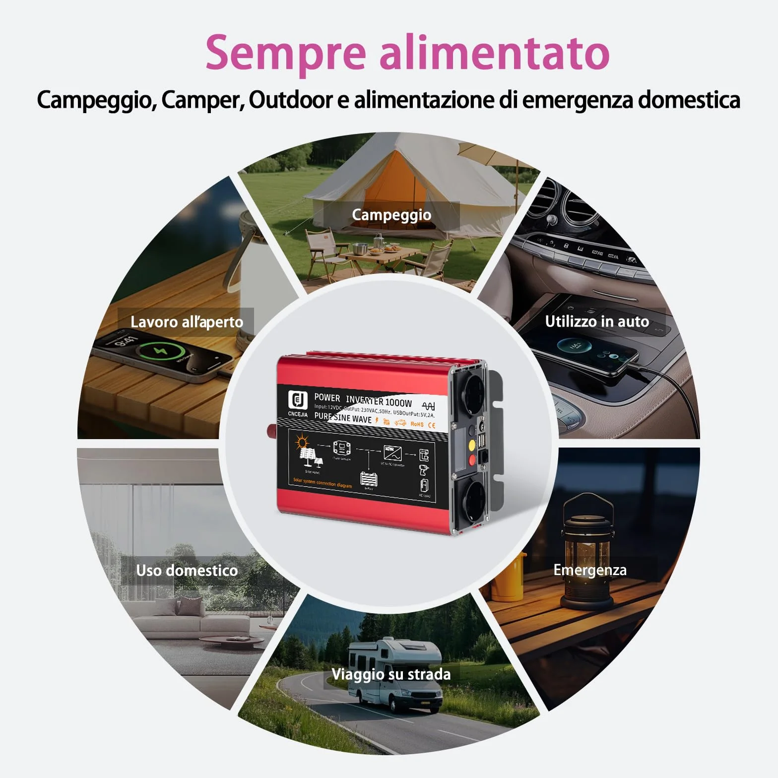 falownik 1000 W, czysty sinus 12 V na 230 V, przetwornica napięcia z 2 portami USB, 2 gniazdami USB, 2 gniazdami LCD, do samochodu, kampera, na kemping (czerwony)