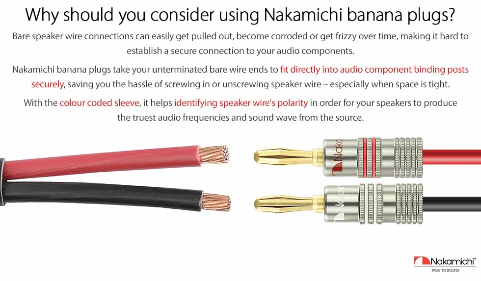 Nakamichi Ultimate Series berylowo-czerwona miedź pokryta 24K złotem - wtyk bananowy 4mm, złącza 12-18 AWG, idealne do elastycznego podłączenia do kolumn hi-fi, wzmacniaczy 2 Szt. (1 Para)
