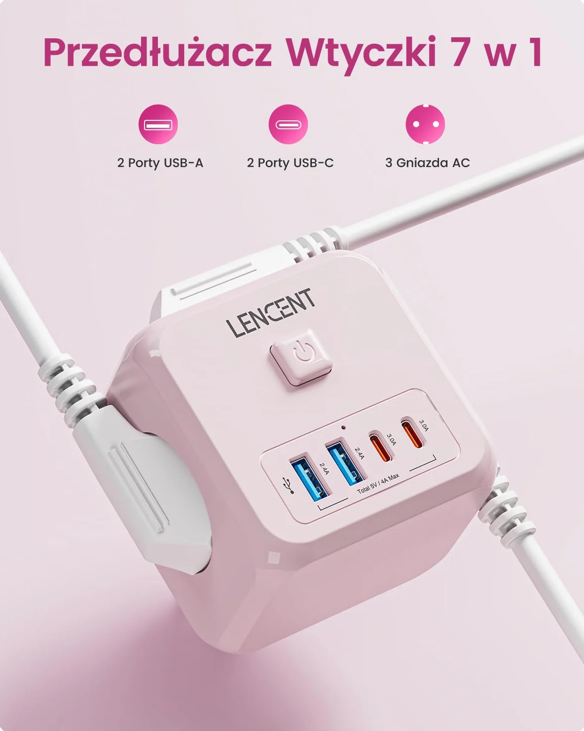 LENCENT Listwa Zasilająca 7 w 1, Listwa Zasilająca 4000 W, Wielokrotne Gniazdko z Przełącznikiem, 3 Gniazda AC, 2 USB-A i 2 Typu C, Rozszerzenie do Biura, Kuchni i Sypialni, Różowa