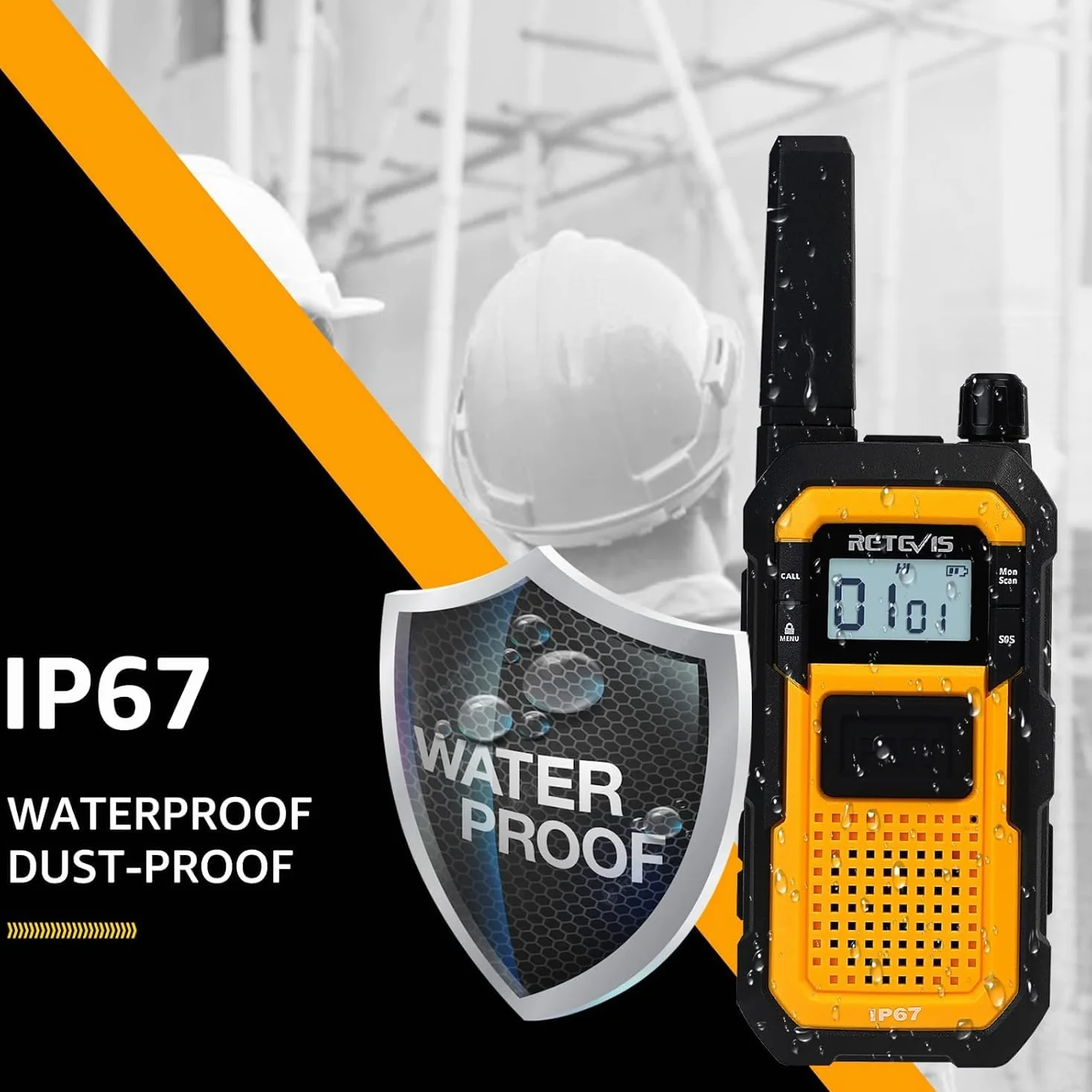 Retevis RB648 Krótkofalówka IP67, Walkie Talkie, Radio Dwukierunkowe MIL-STD-810H, Podwójny PTT, z Mikrofonogłośnikiem z AI Redukcją Szumów (w mikrofonie), Do Przemysłu (2 Szt., Żółty)