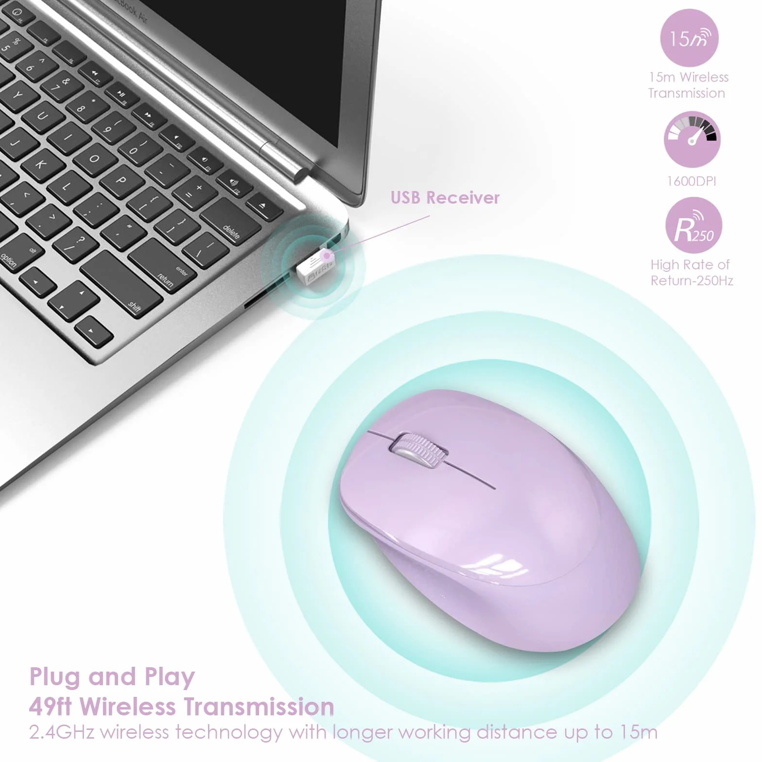 YXLILI Bezprzewodowa mysz do laptopa, ergonomiczna, bezprzewodowa, przenośna, cicha, optyczna mysz z odbiornikiem USB, 1600 DPI do laptopa, Windowsa, Chromebooka, Maca, notebooka, komputera