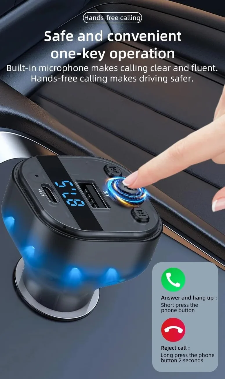 Ładowarka samochodowa FM transmiter, Bluetooth 5.3 Audio Auto odtwarzacz MP3, adapter do radia samochodowego typu C, USB 3.1 A szybka ładowarka