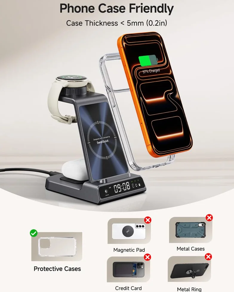 3 W 1 Bezprzewodowa Stacja Ładowania do Zegarek Garmin Vivoactive/Venu/Forerunner/Instinct/Fenix/Epix 2, Stojak Ładowania dla Samsung S25/S24, dla iPhone Air/17/16/AirPods (Bez Adaptera)