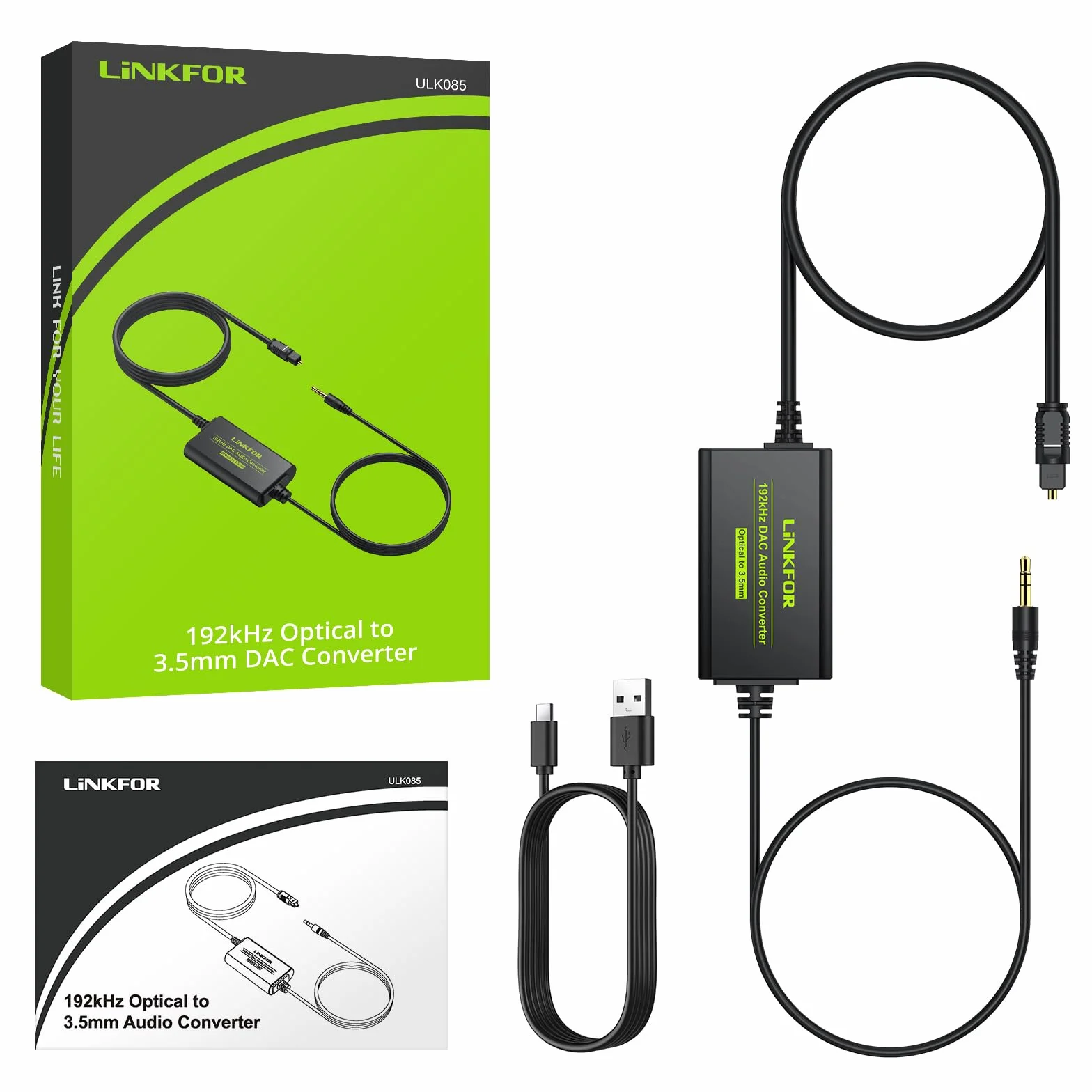 LiNKFOR Konwerter SPDIF do 3,5 mm,Przetwornik cyfrowo-analogowy,192KHz DAC SPDIF Toslink do 3,5 mm z 1m optyczny kabel do słuchawek,Wzmacniacz i głośnik
