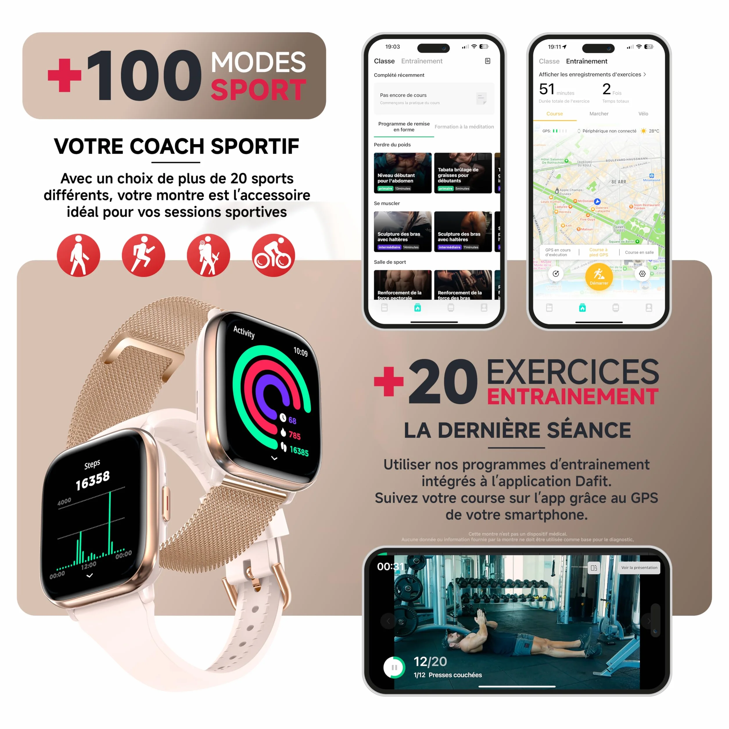 ECHO Rainbow Nano AMOLED damski smartwatch 1,83'' różowe złoto, połączenie Bluetooth/bezprzewodowe i czujniki zdrowia, tryby sportowe z trenerem, 2 metalowe bransoletki i gumka, mini, lekki i
