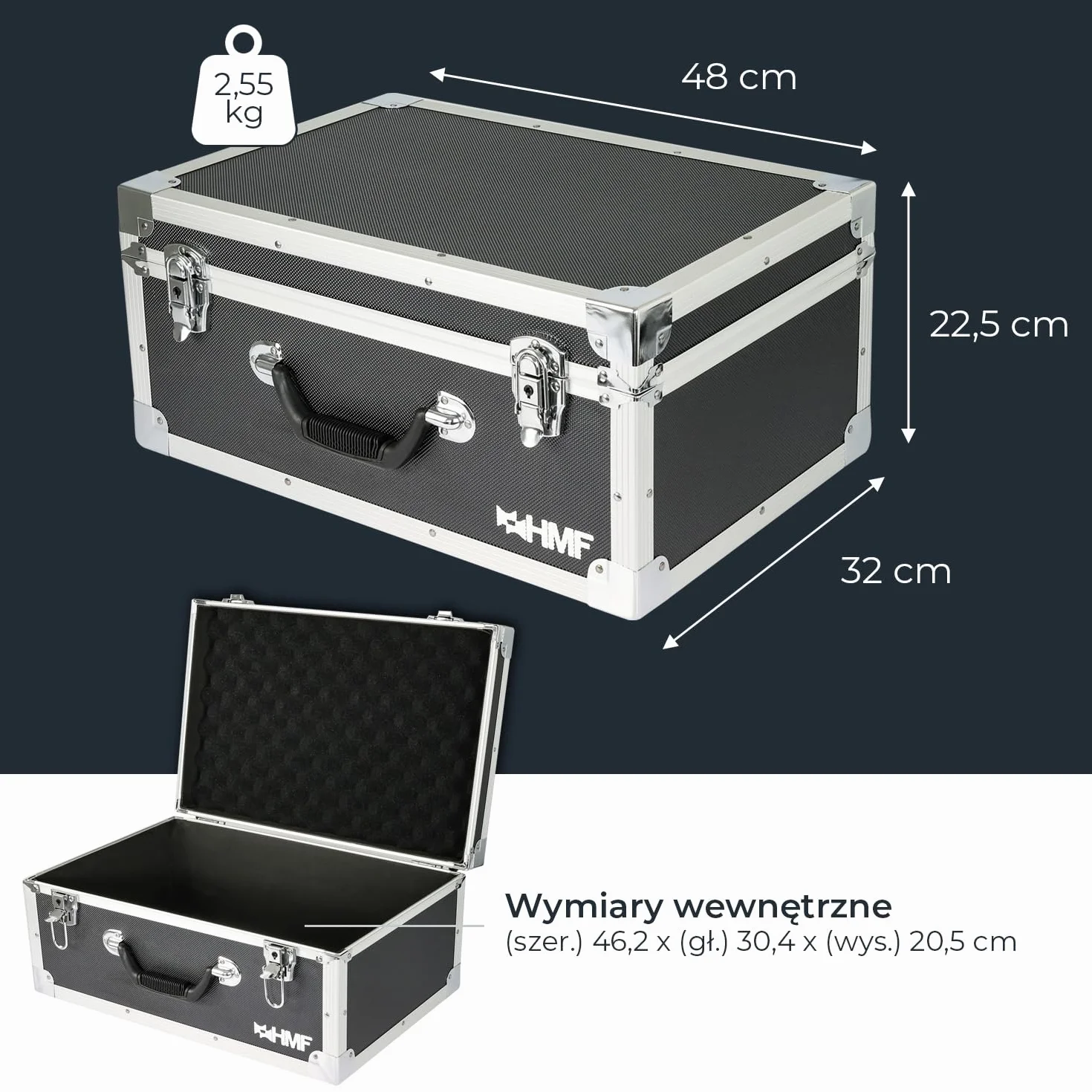 HMF 18441-02 walizka do przechowywania, walizka transportowa, rama aluminiowa, 48 x 32 x 22,5 cm, czarna