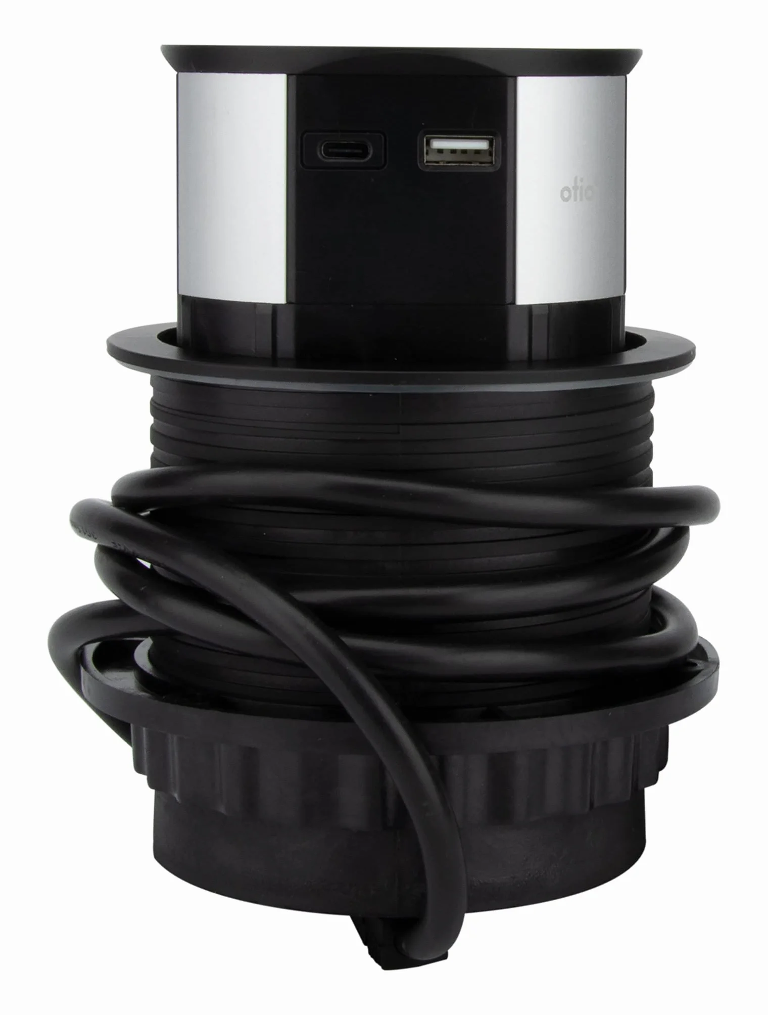 Otio, listwa zasilająca do zabudowy z 3 gniazdami 16 A + 2 portami USB (USB-C) i ładowarką indukcyjną 10 W - czarna - kabel 1,5 m - średnica wiercenia Ø10 cm - wysokość po rozłożeniu 6 cm
