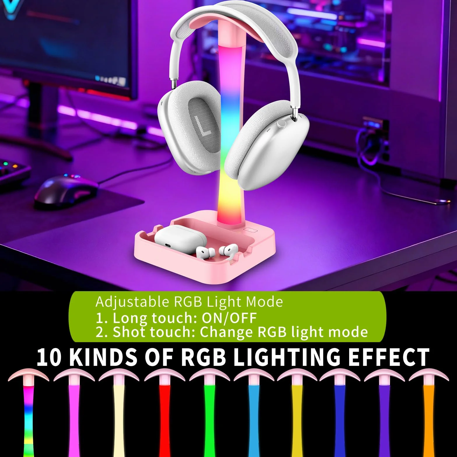 Stojak na słuchawki z ładowarką, stojak na słuchawki gamingowe z trybem światła RGB, do stojaka Airpod Max, lampy biurkowej, uchwytu na tablet, organizer na biurko, prezenty dla graczy i