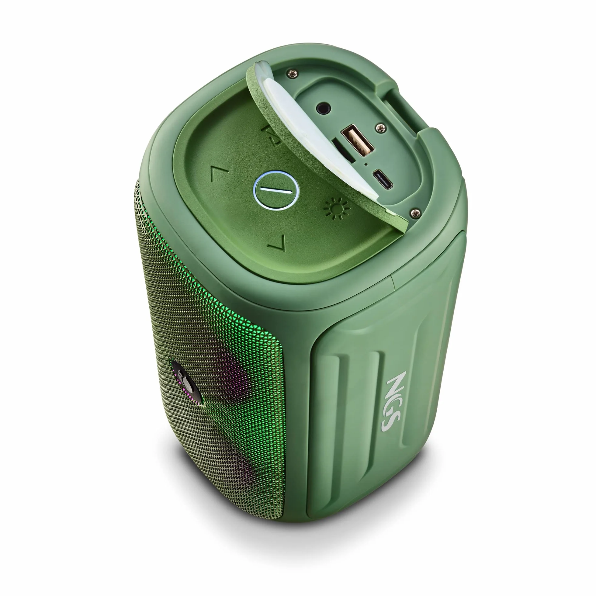 NGS ROLLER BEAST GREEN - Potężny przenośny głośnik o mocy 32 W, kompatybilny z technologią Bluetooth 5.0 i technologią TWA, z oświetleniem RGB, odporny na wodę i pył zgodnie z normą IPX5, z mikrofonem, funkcją hands-free, do 40 h pracy, kolor zielony.