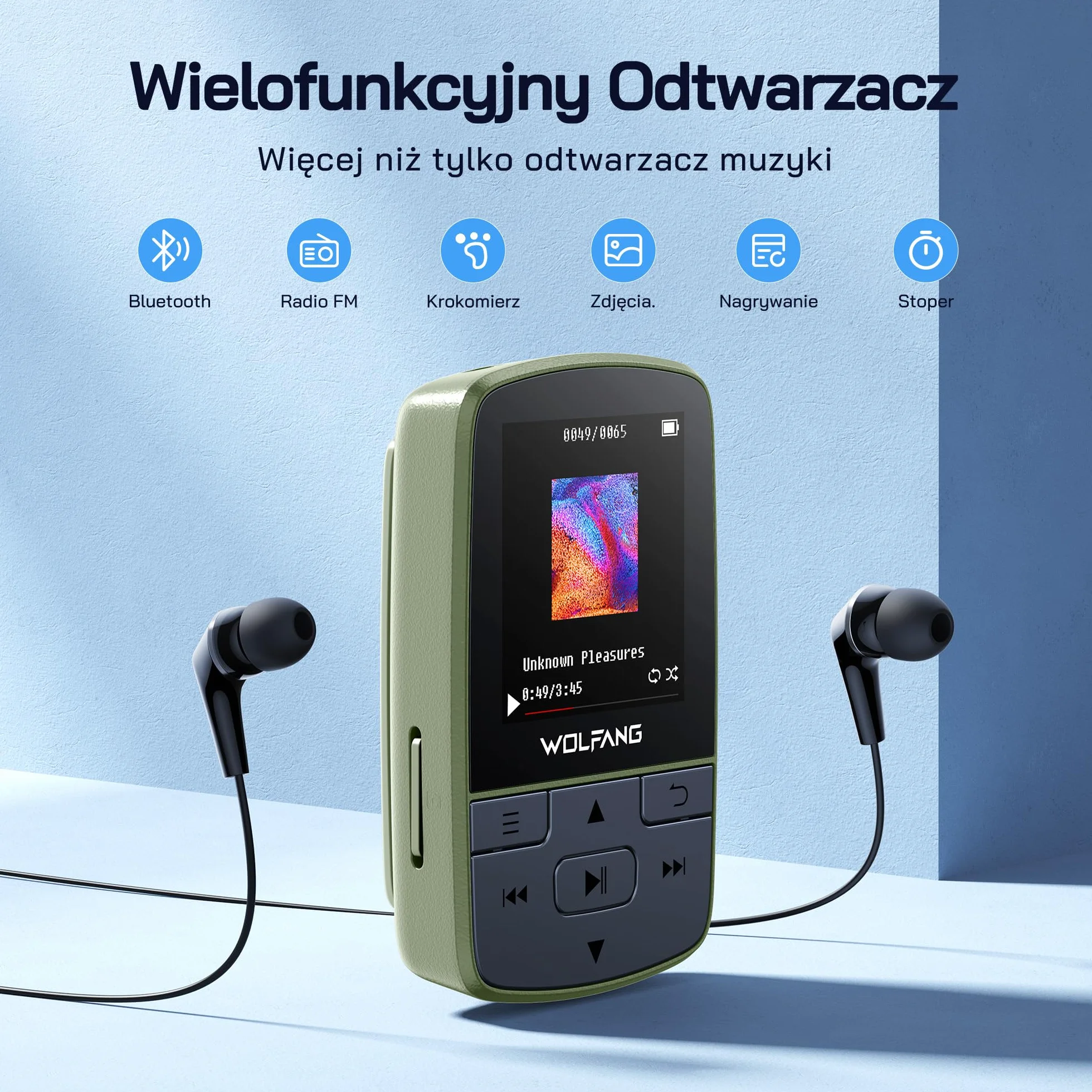 WOLFANG Odtwarzacze MP3 z Bluetooth 5.2, klips sportowy, mini rozmiar, waga 28 g, radio HiF FM, dyktafon, słuchawki w zestawie, Zieleń Wojskowa