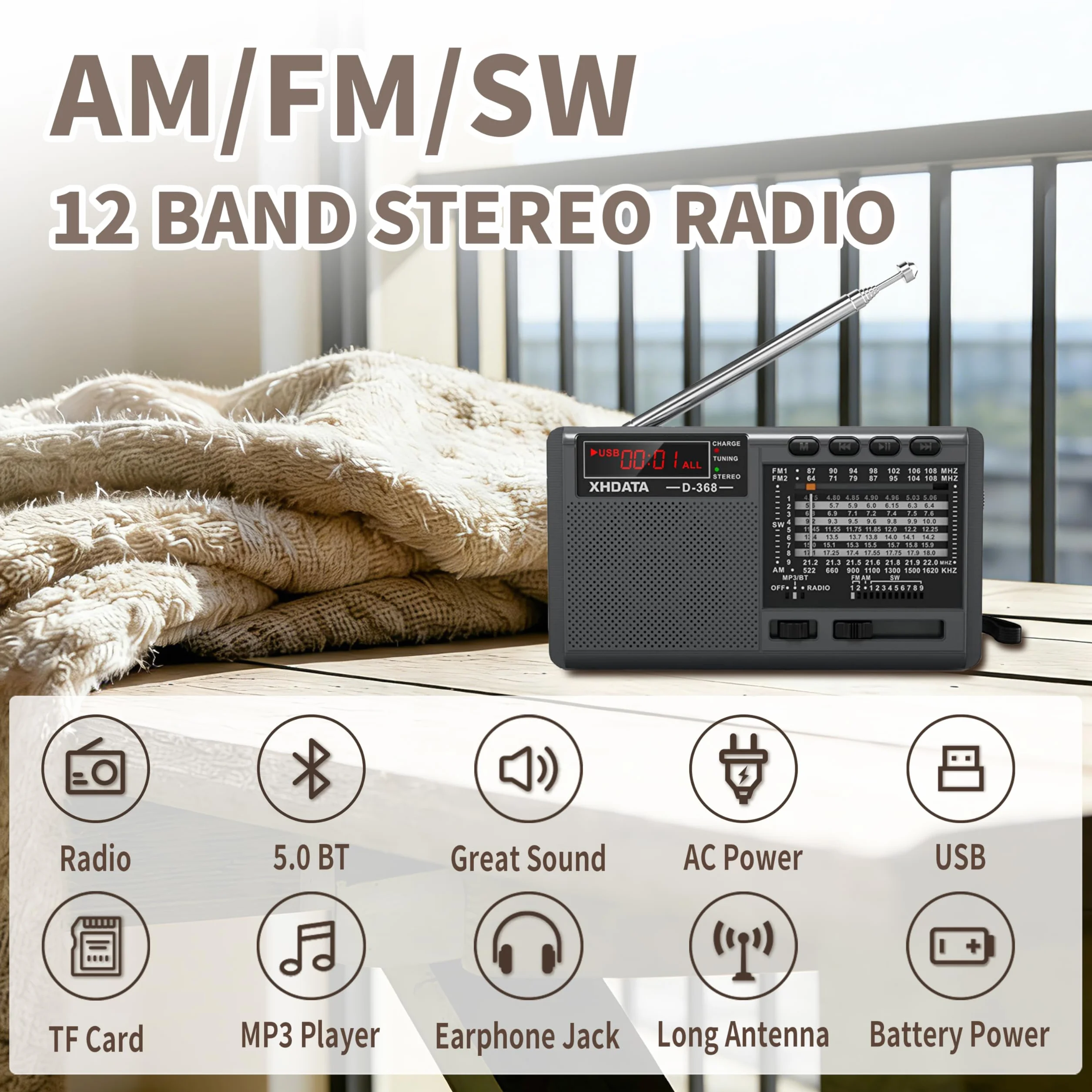 XHDATA D368 Przenośne Radio Tranzystorowe Kompaktowe FM/AM(MW)/SW Mini Z Bluetooth USB TF Na Baterie