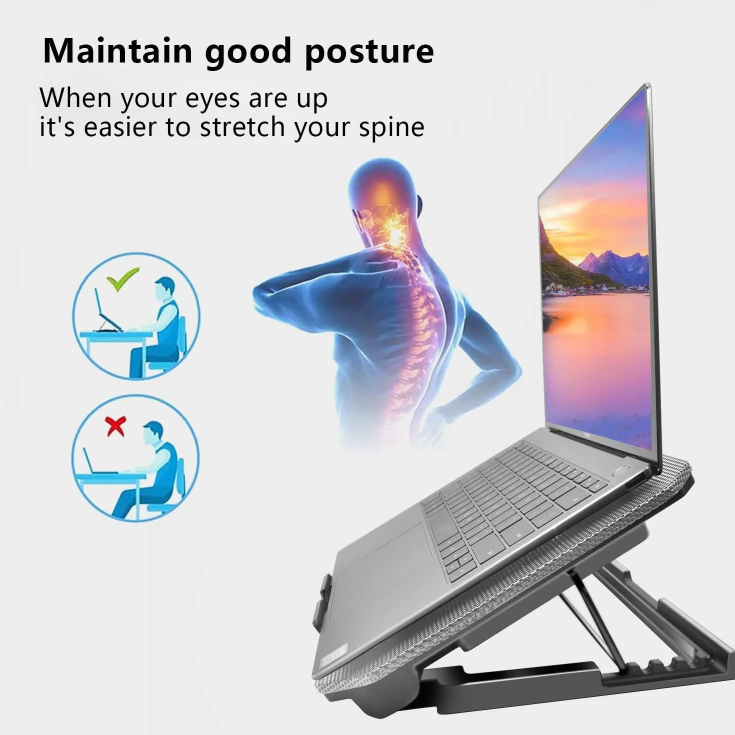 Podkładka chłodząca do laptopa, mata chłodząca, 2 ciche wentylatory, światła LED i 2 porty USB, 5 wysokości i z regulowaną prędkością, metalowa siatka, do laptopów 23-43.2 cm (srebrna)