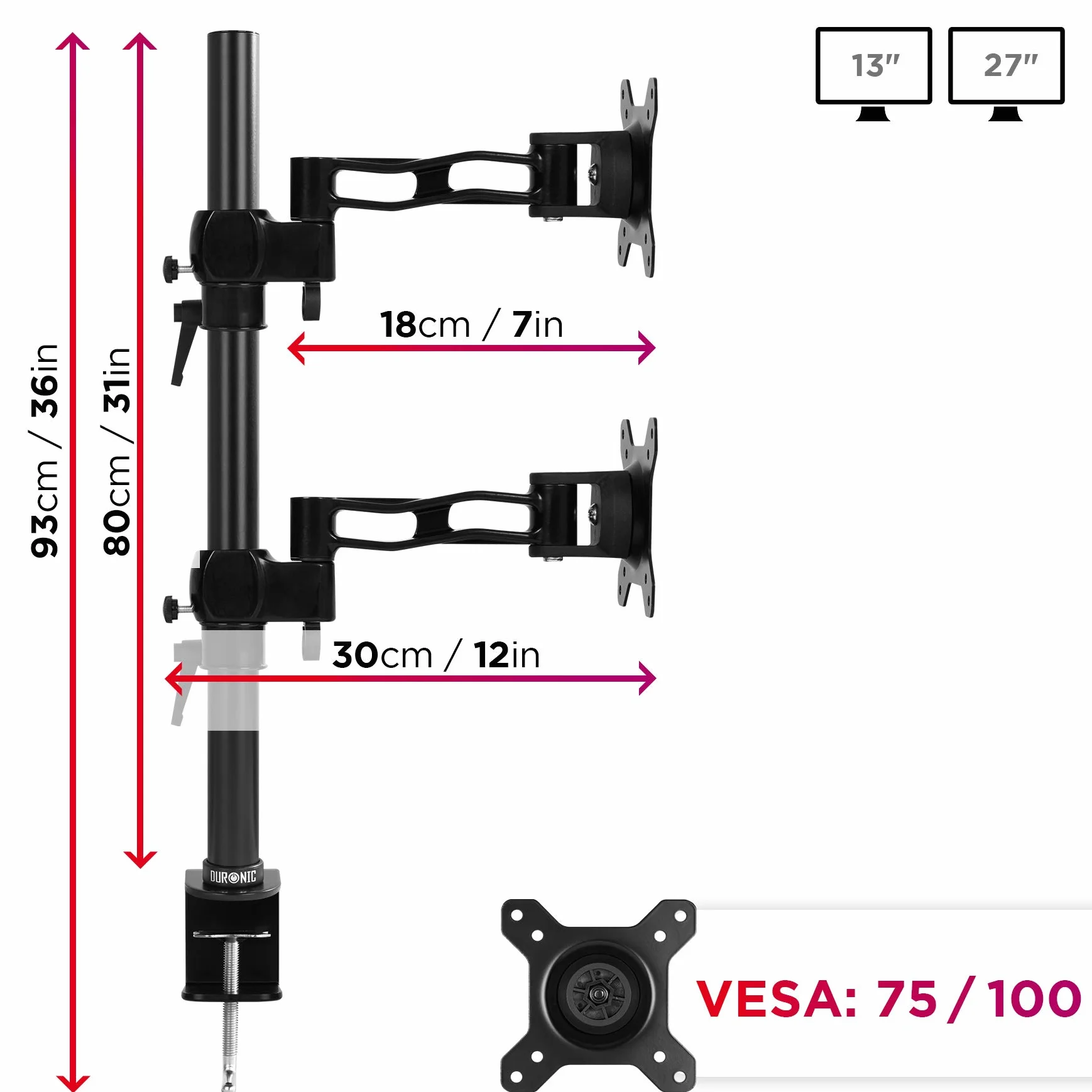 Duronic DM35V2X2 Ramię do 2 monitorów komputerowych z rozszerzeniem | Pionowy podwójny ergonomiczny przegubowy ekran PC | VESA 75 100 | Regulowana wysokość | Obrotowy nachylony | VESA 75 100 Ergonomiczna przegubowa podstawka na biurko z pionowym wyświetla
