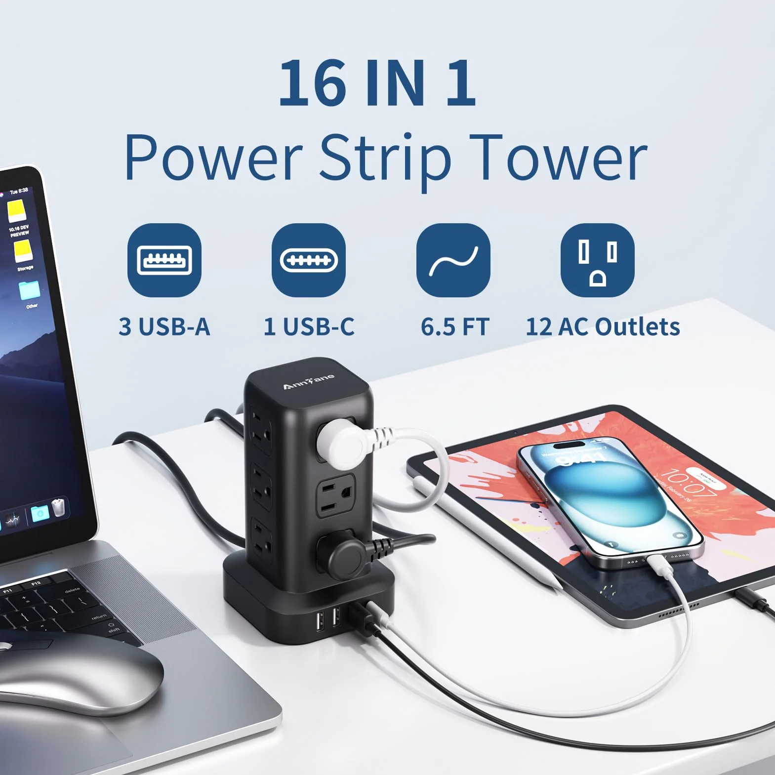 AnnTane - Listwa zasilająca z ochroną przeciwprzepięciową 1,8 m, listwa zasilająca z 4 portami USB (1 USB C), przedłużacz z 12 gniazdami prądu zmiennego,