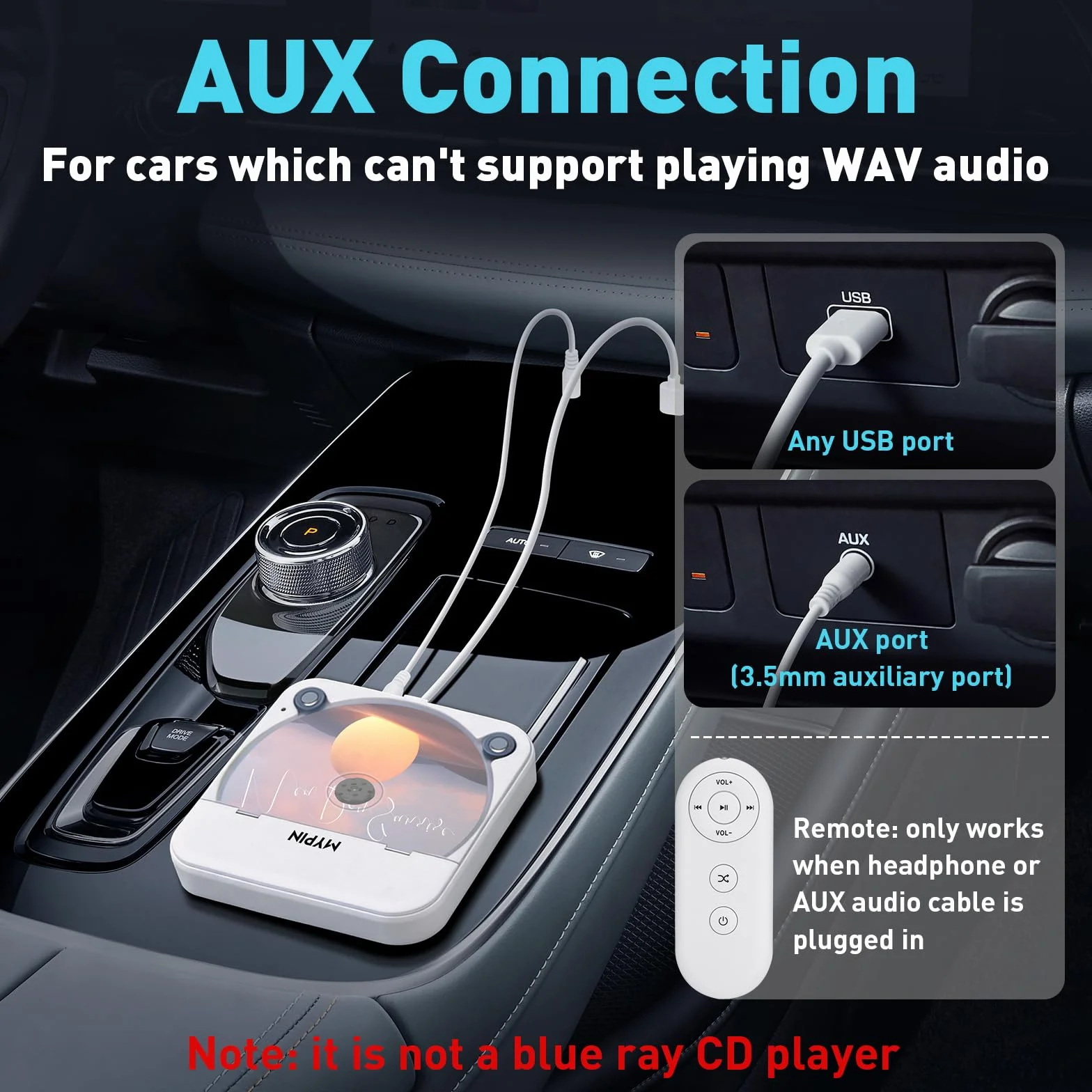 Przenośny samochodowy odtwarzacz CD ze złączem USB/AUX, MYPIN zewnętrzny odtwarzacz CD, kompatybilny z radiem samochodowym, laptopem, telewizorem, komputerem, uniwersalny do pojazdów, obsługuje płyty
