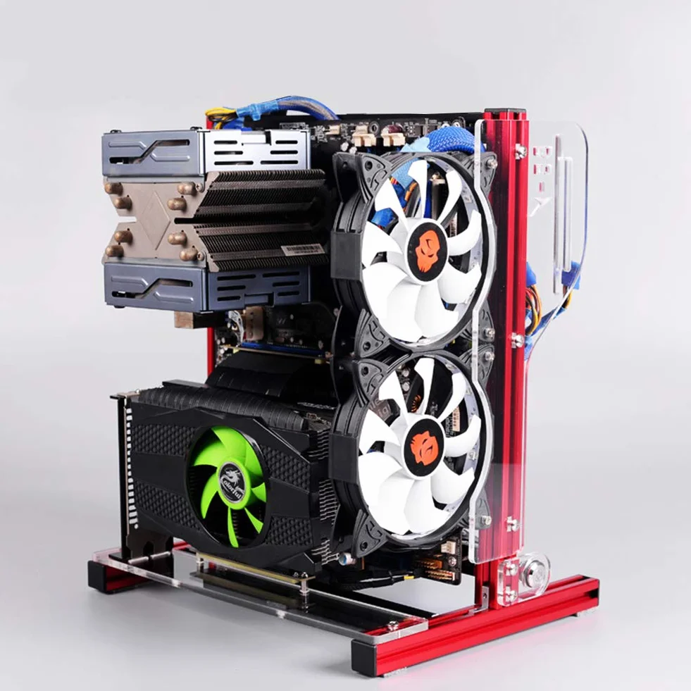 Kafuty PC obudowa na komputer ATX/M-ATX/ITX otwarta podwozie pionowa otwarta aluminiowa rama stojak podwoziowy z uchwytem dobre rozpraszanie ciepła (czerwony)