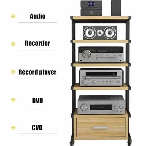 Mobilna Szafka Na Sprzęt Audio Z Kółkami I Szufladami, 5-Poziomowa Szafka Na Sprzęt Audio Do Salonu, Gier I Nagrań, Organizer Z Metalu I Płyty Mdf