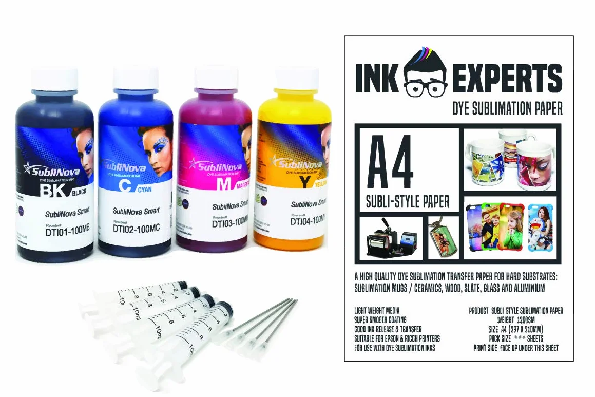 InkTec Sublinova Smart DTI Dye Sublimation Ink i papier w stylu Ink Experts (100 arkuszy) Bundle Inc. Strzykawki